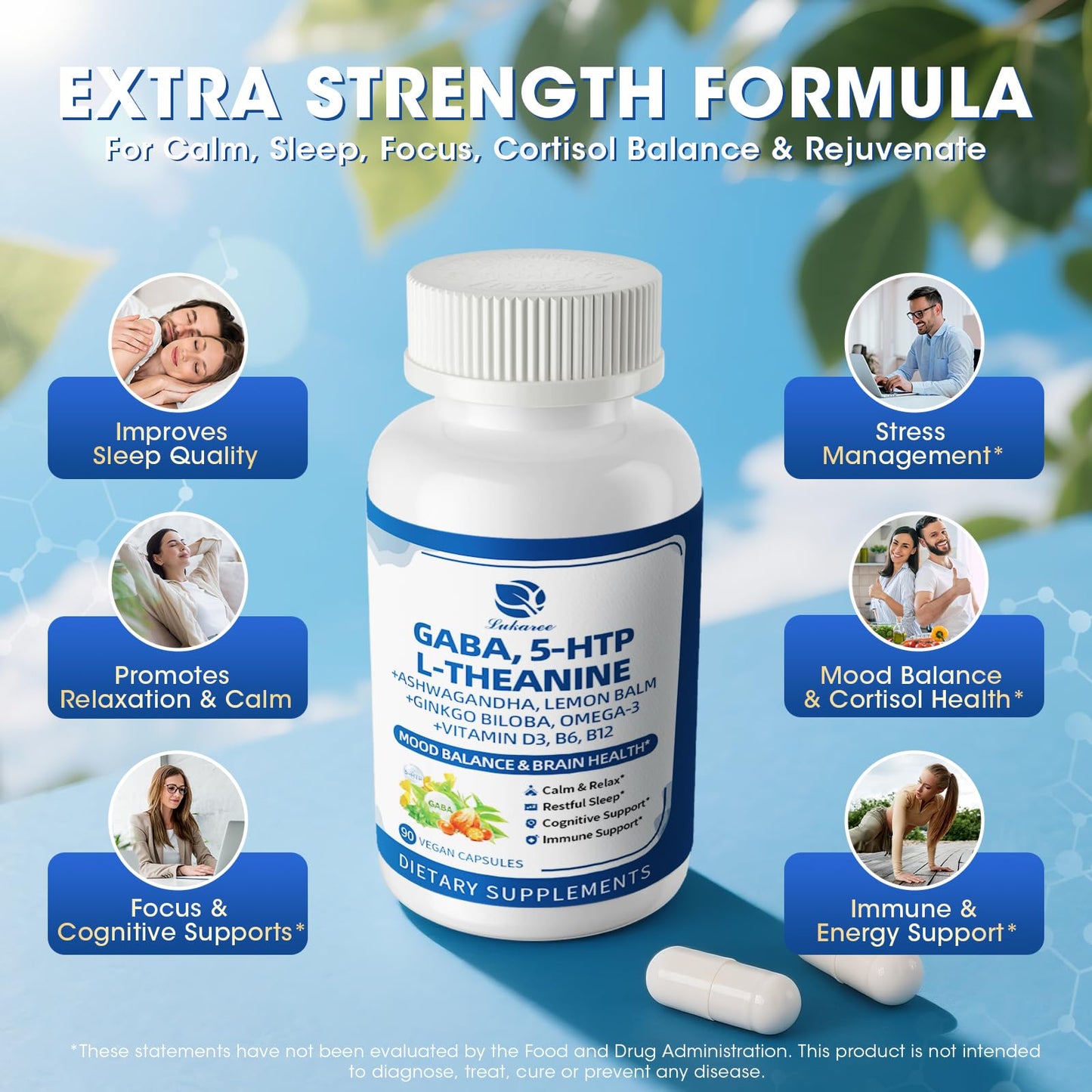 Lukaree GABA Capsules 750mg with L-Theanine, 5-HTP, Ashwagandha, Lemon Balm, Ginkgo Biloba, Omega-3, 90 Capsules