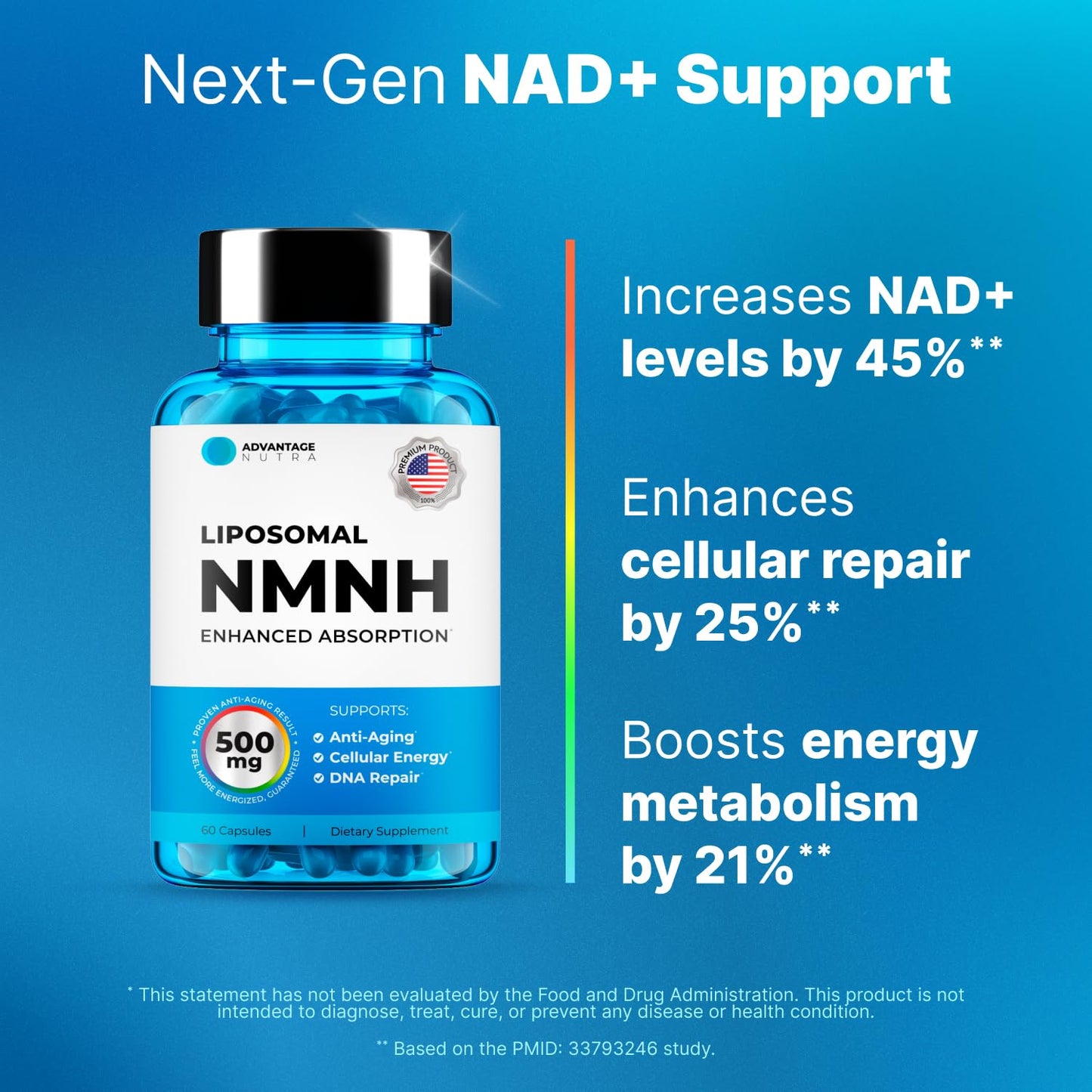 AdvantageNutra Liposomal NMNH (Dihydronicotinamide Mononucleotide) 500mg - NR Supplement Alternative - Anti Aging NAD Supplement to Boost NAD Plus Levels, Energy, Focus - High Purity 120 Capsules
