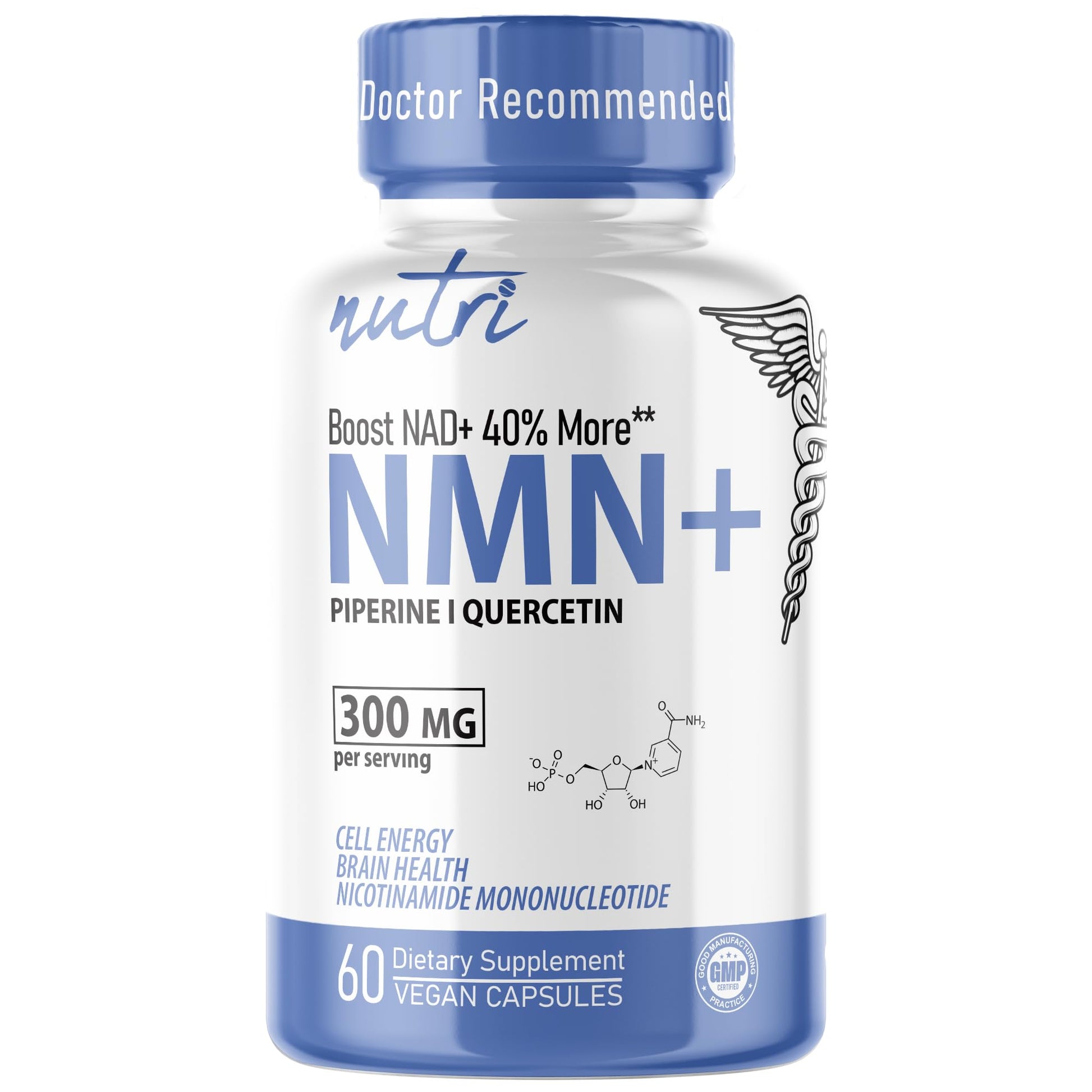 Nature's Fusions Nutri NMN Supplement 300mg NAD Supplement - Ultra High Absorption Stabilized NMN Nicotinamide Mononucleotide, 40% More NAD+ with Quercetin Phytosome & Black Pepper, 60 Capsules