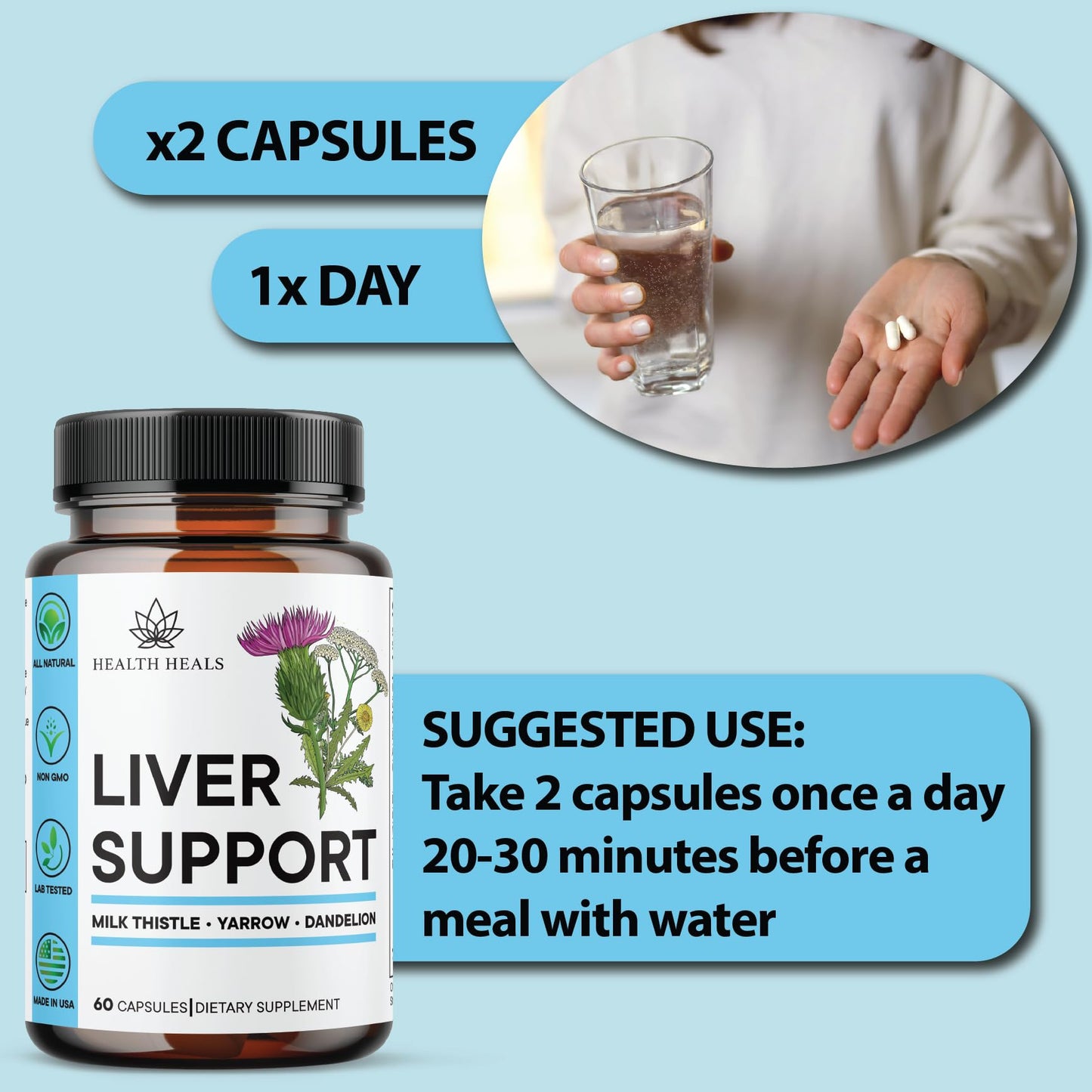 Health Heals Liver Cleanse & Repair Formula - Herbal Liver Support Supplement with Milk Thistle Dandelion Root Turmeric, Artichoke Extract - 180 Capsules