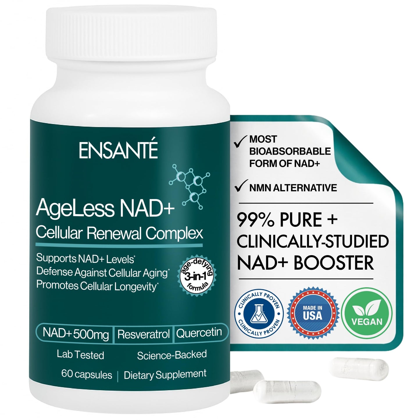 ENSANTÉ Advanced NAD+ Supplement 500mg with Resveratrol, Quercetin, Nicotinamide Riboside NAD Supplement for Women Men for Cellular Longevity, Anti Aging, Cognitive Support Capsule 1 Count