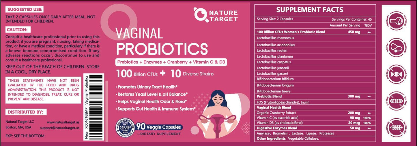 NATURE TARGET Vaginal Probiotics for Women with 100 Billion CFUs Probiotics & Prebiotics, Digestive Enzymes, Cranberry & D-Mannose, 90 Capsules