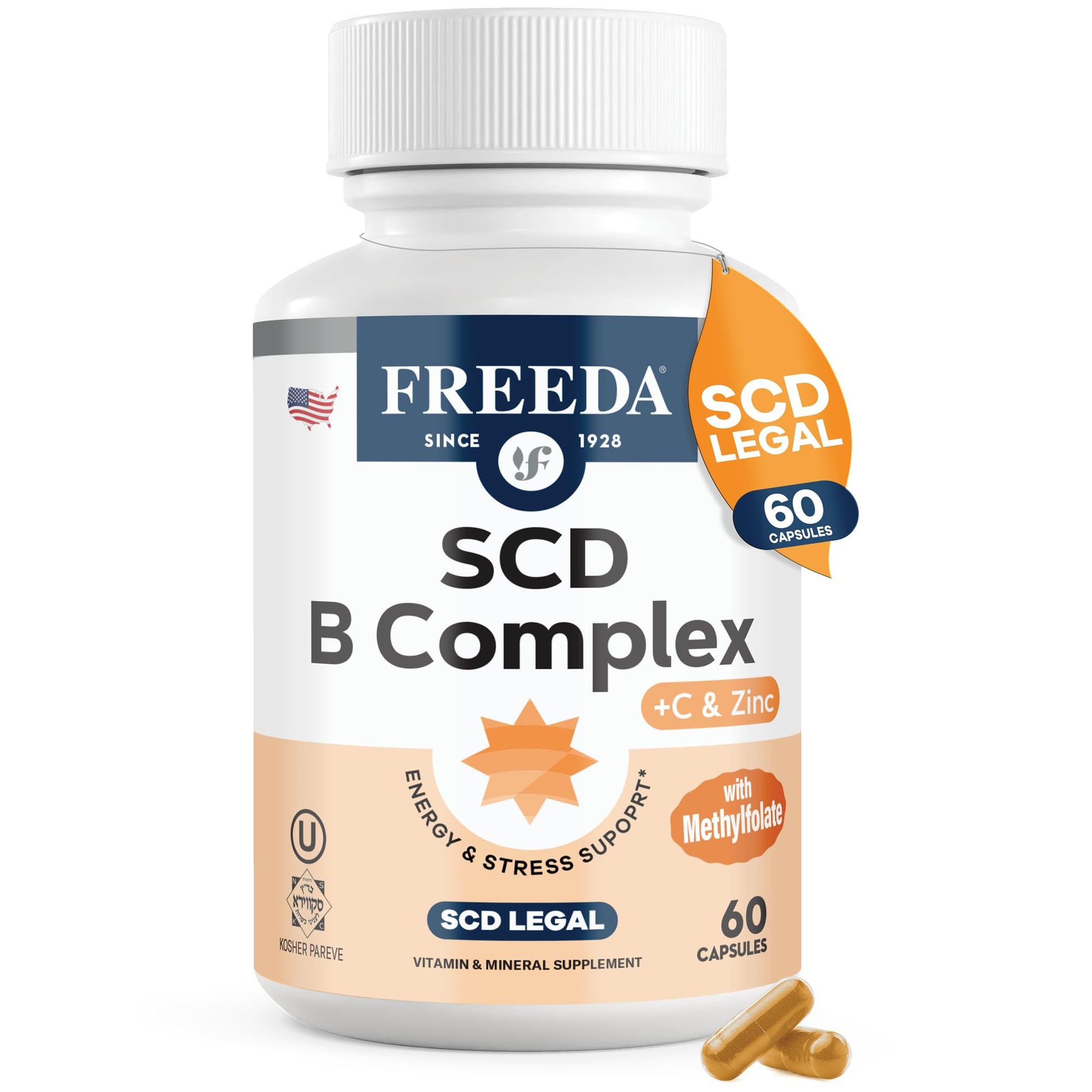 FREEDA Vitamin B Complex with Vitamin C & Zinc – Stress B Complex, Methylfolate & Active B12 + B1 B2 B3 B6 Biotin Choline – BComplex Vitamins for Women & Men – SCD Legal, Kosher, Vegan Capsules, 60 Count