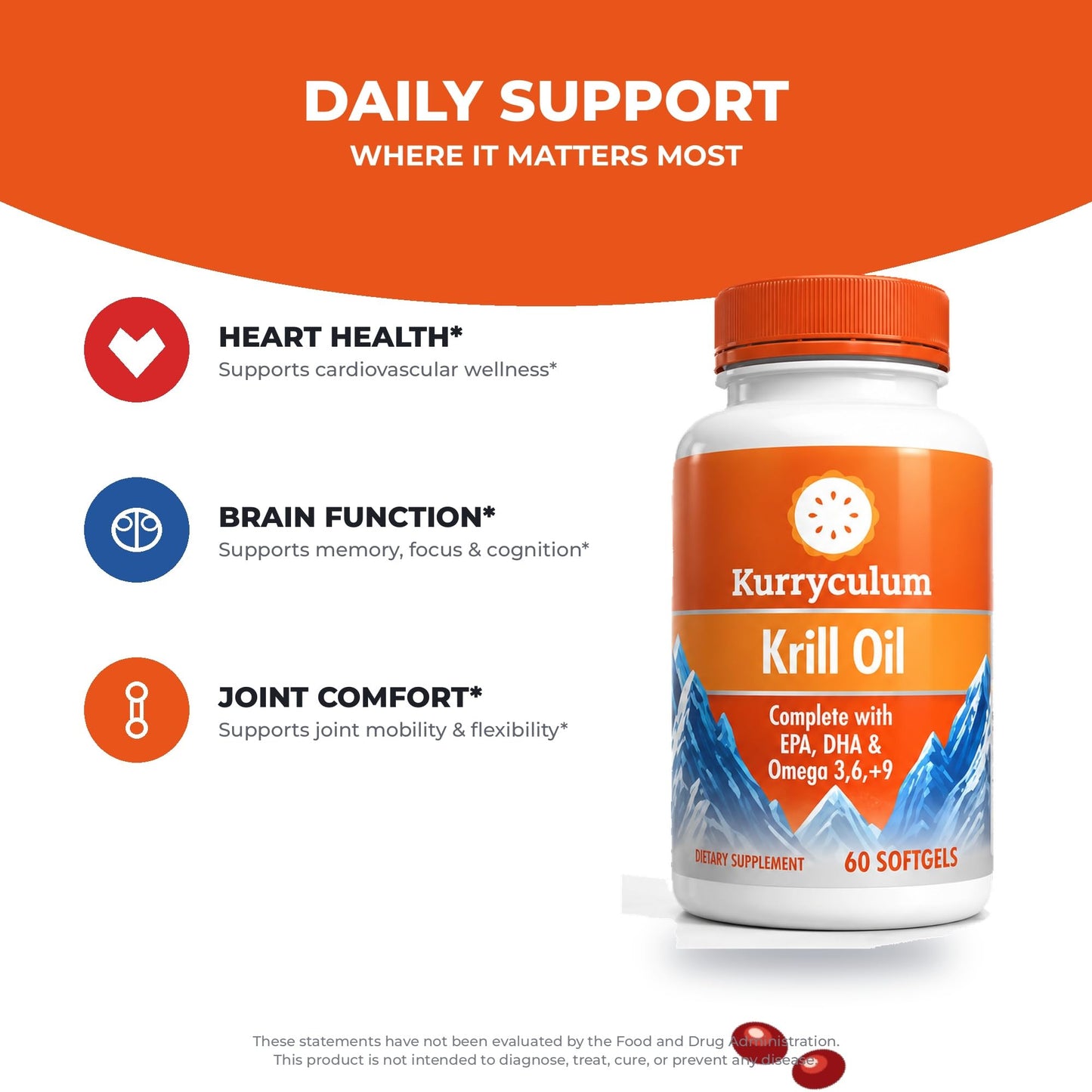 Kurryculum Krill Oil 500 mg – High-Potency Omega-3 (EPA & DHA), burpless Uniquely Small, Rich in Astaxanthin, Sustainably Sourced, Third-Party Tested Softgels, 60 Count