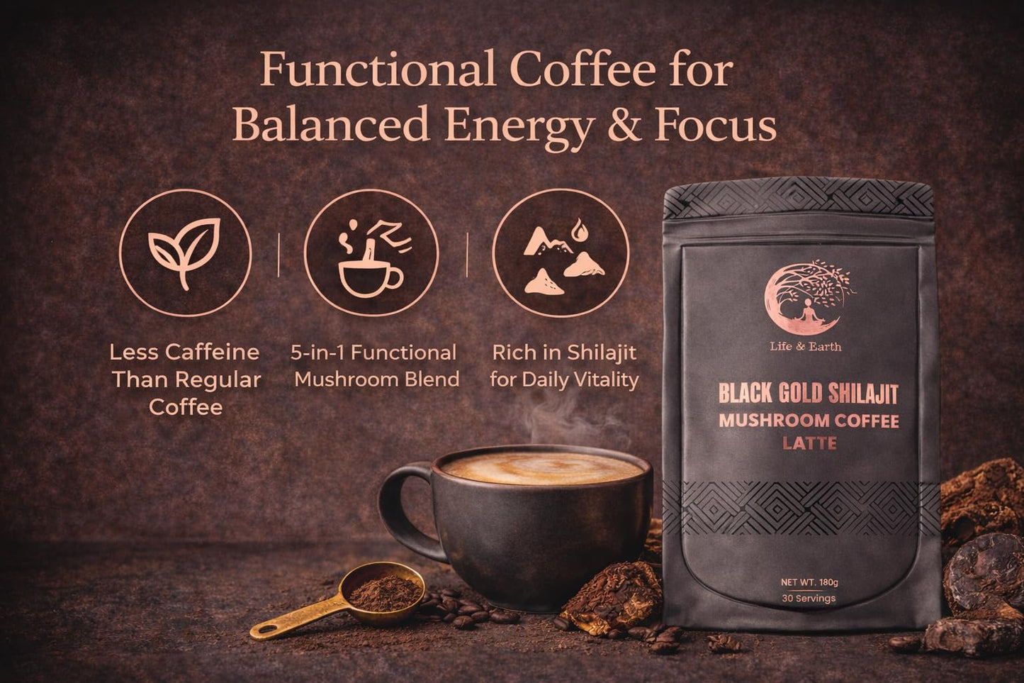 Life and Earth Black Gold Shilajit Mushroom Latte Powder 6.3493