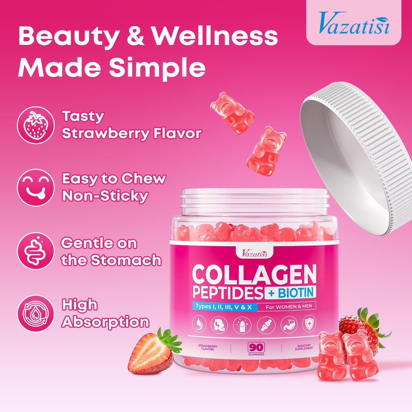 Vazatisi Sugar Free Collagen Gummies for Women & Men with Hydrolyzed Collagen Peptides, Biotin & Vitamin C, Multi Collagen Types I II III V X for Skin Hair Nails Digestive & Immune Health, 90 Count