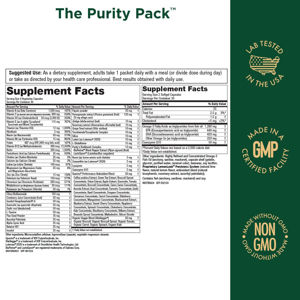 Purity Products Purity Pack Elite Multi + Fish Oil + COQ10 Softgels & Vegetarian Capsules 30 Count