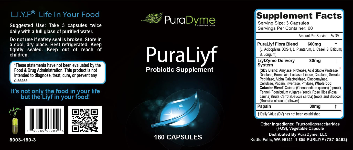 PuraDyme PuraLiyf Digestive Enzymes with Probiotics, 180 Capsules