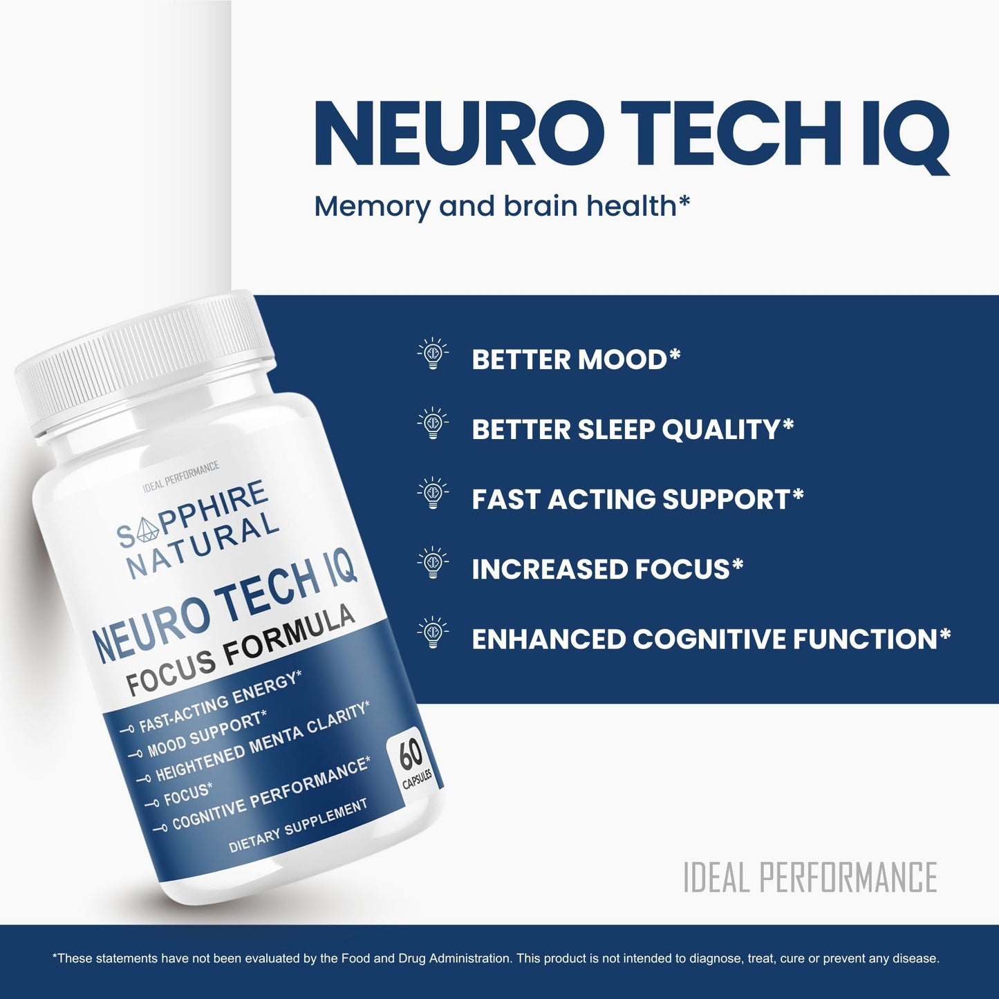 IDEAL PERFORMANCE Neuro Tech IQ Brain Supplement Neurotech IQ Focus Formula Capsules 120 Count