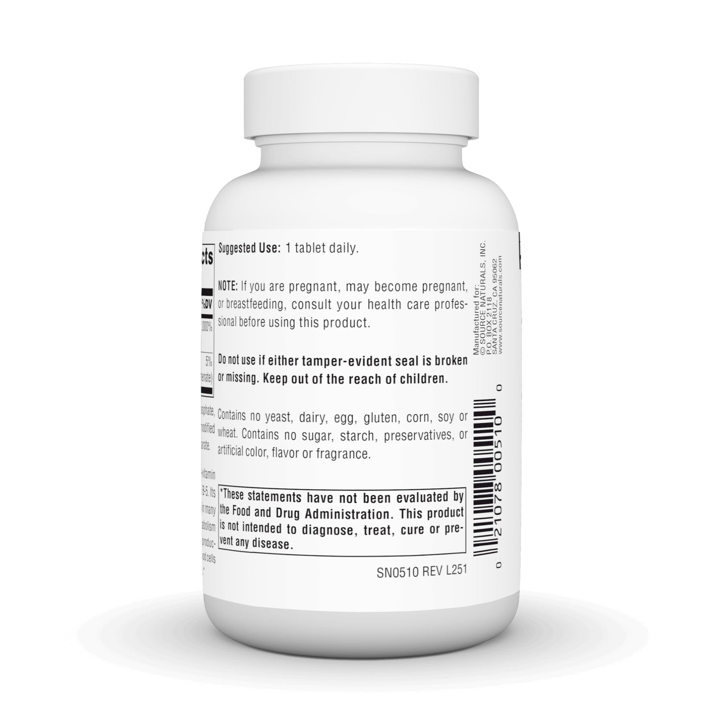 Source Naturals Pantothenic Acid Vitamin B-5 Dietary Supplement 100 mg Tablet, 250 Tablets