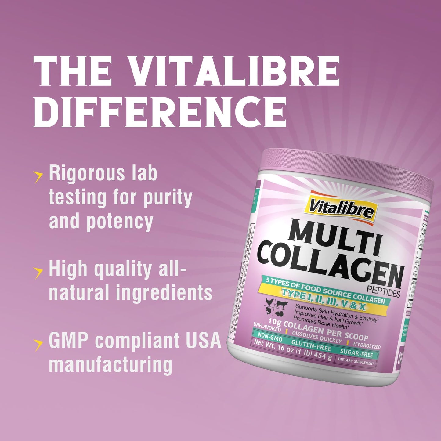 Vitalibre Multi Collagen Peptides Powder Type I II III V X, 16 oz