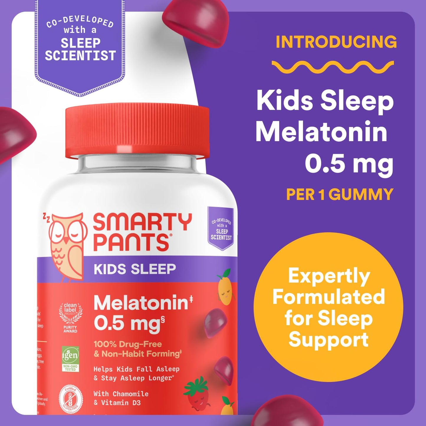 SmartyPants Kids Sleep Gummies with Melatonin 0.5mg, Chamomile & Vitamin D3, Sleep Aid, Strawberry Mango Flavor, 60 Count