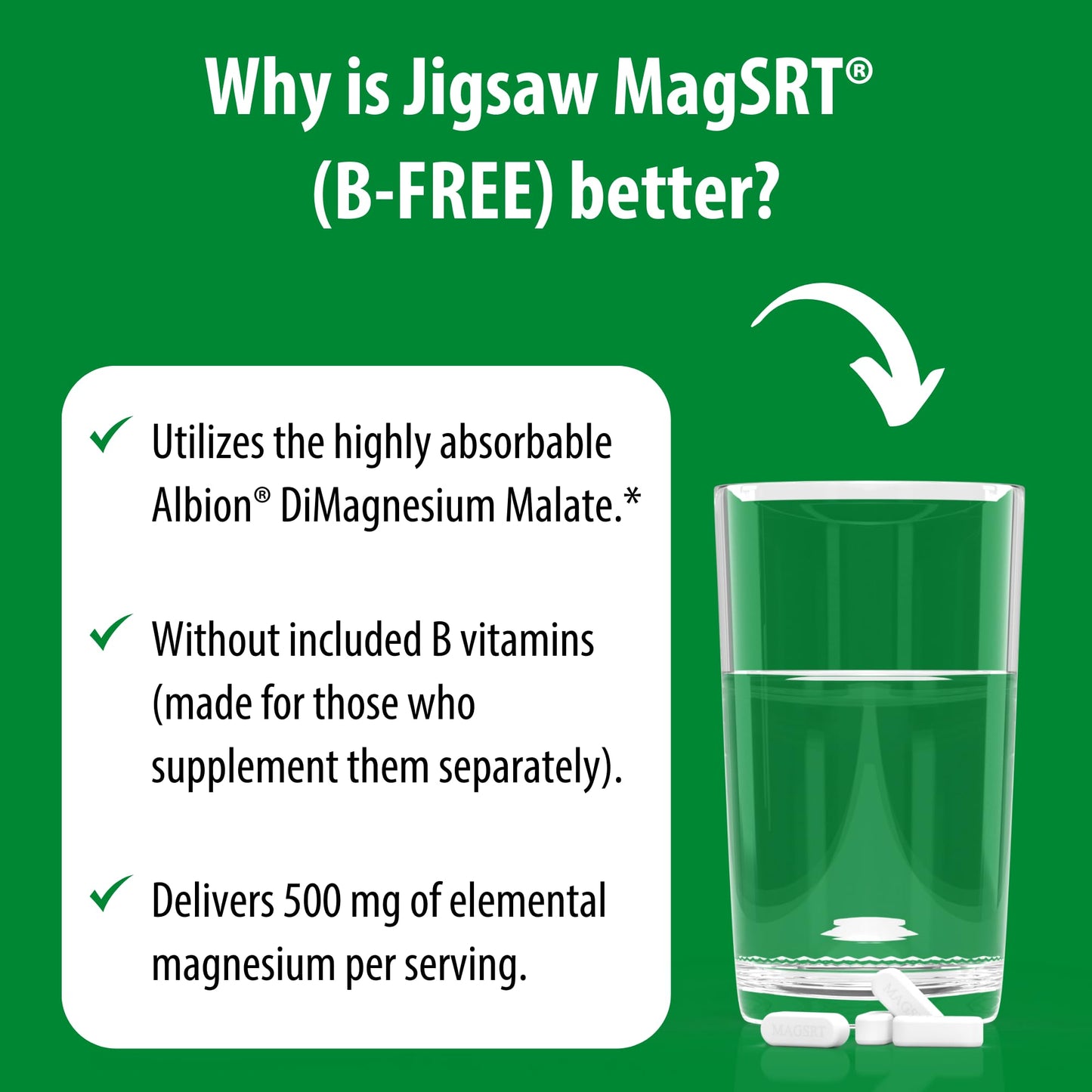 Jigsaw Health MagSRT (B-Free) Premium Slow Release Magnesium Supplement, Active Magnesium Malate Tablets, 240 Tablets