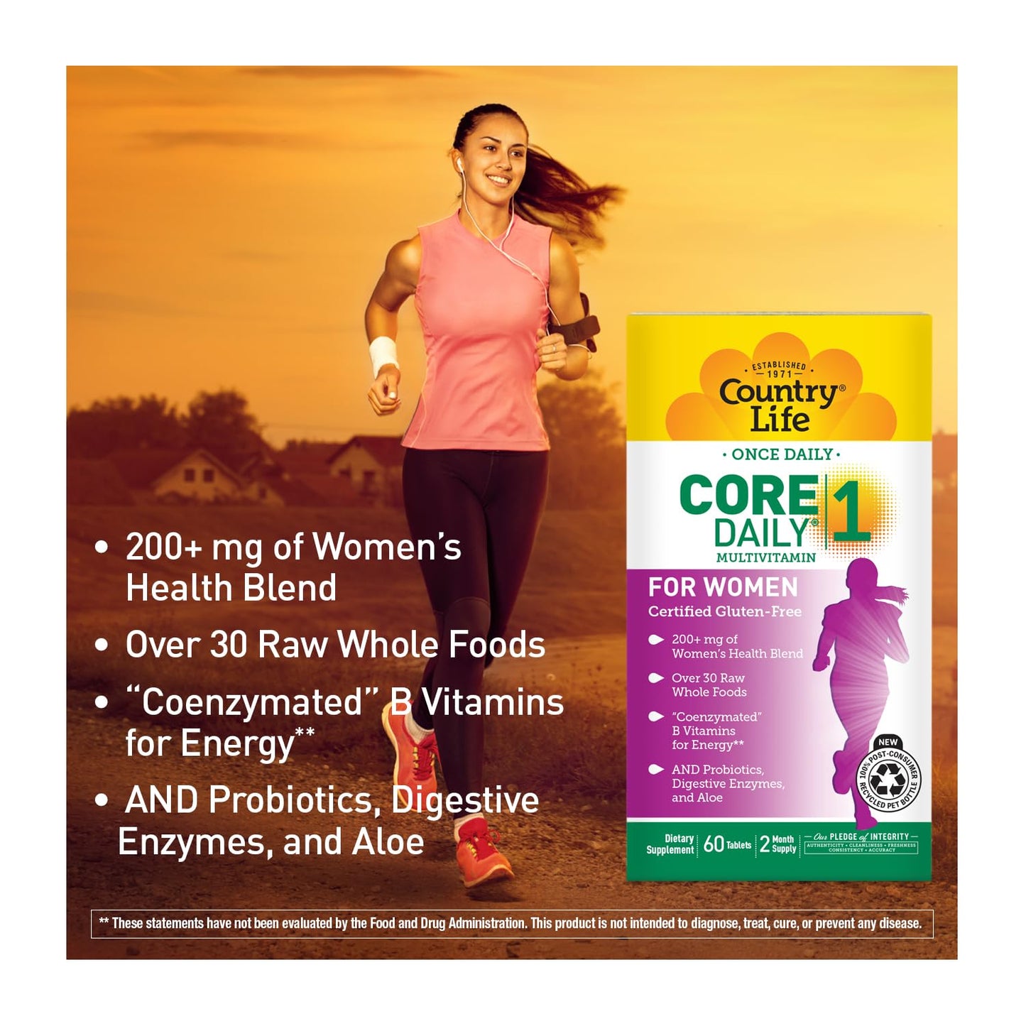 Country Life Women’s Core 1 Daily Multivitamin with Iron, Cranberry, Probiotics, and Digestive Enzymes-Certified Gluten-Free Formula for Energy, Immune Support and Complete Digestive Health, 60 Tablets