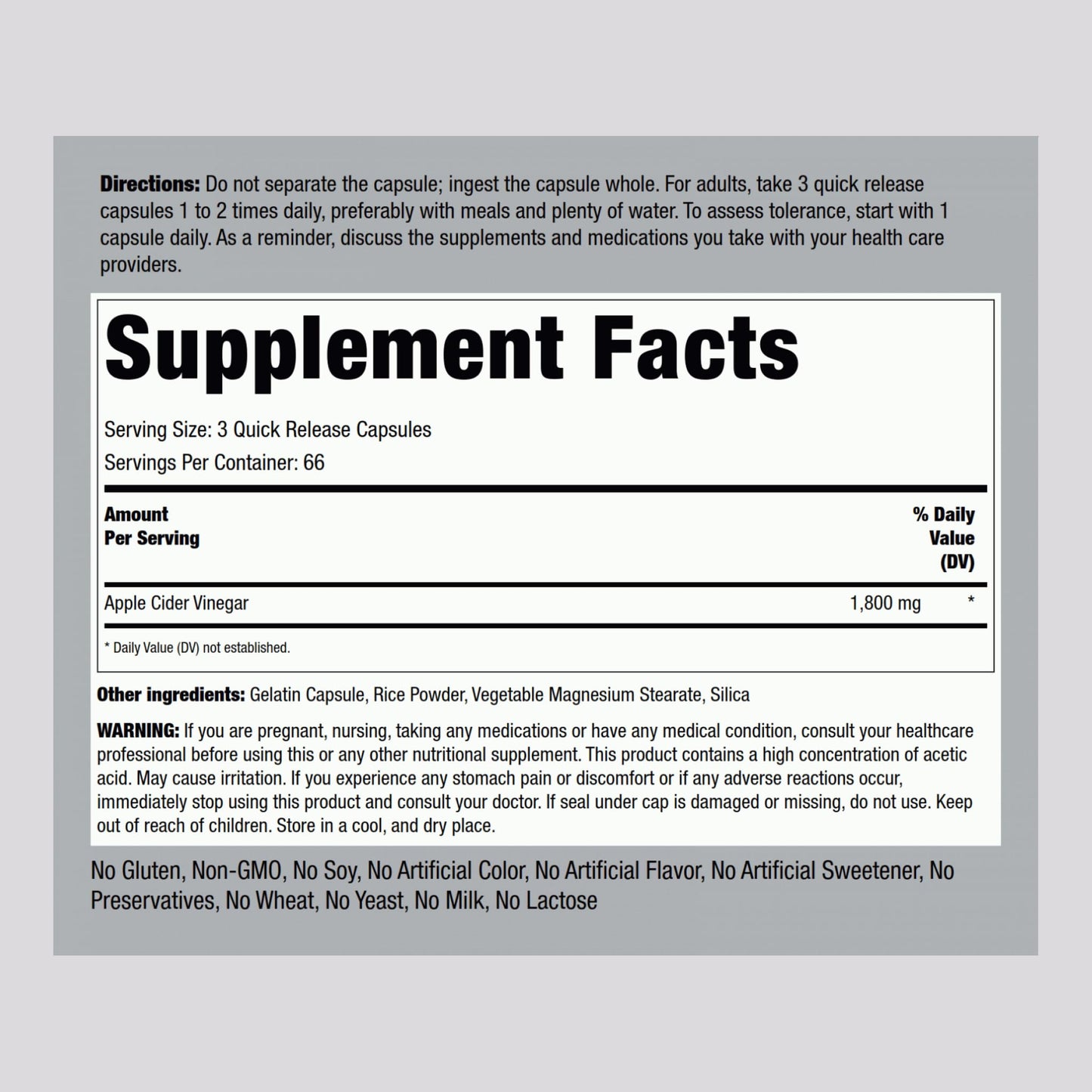 Piping Rock Apple Cider Vinegar Capsules 200 Count