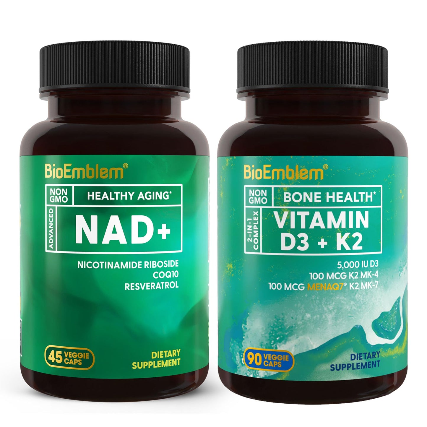 BioEmblem Vitamin D3 K2 Capsules (5000IU and 200mcg) and NAD+ Supplement, 135 Capsules
