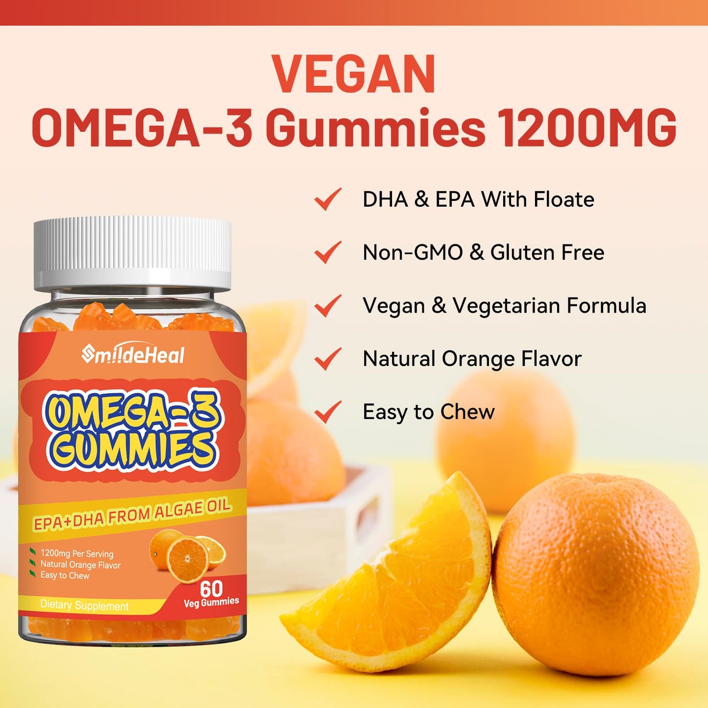 SmildeHeal Omega 3 Gummies 1000mg, High Absorption DHA & EPA, Heart, Brain & Joint Support, 60 Count