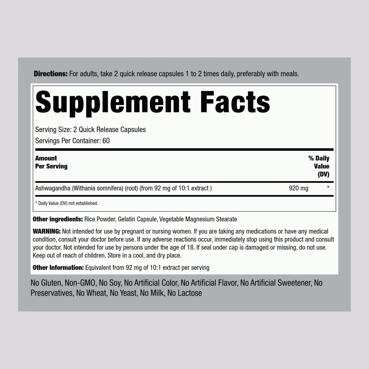 Piping Rock Ashwagandha Root Extract Capsules 120 Count