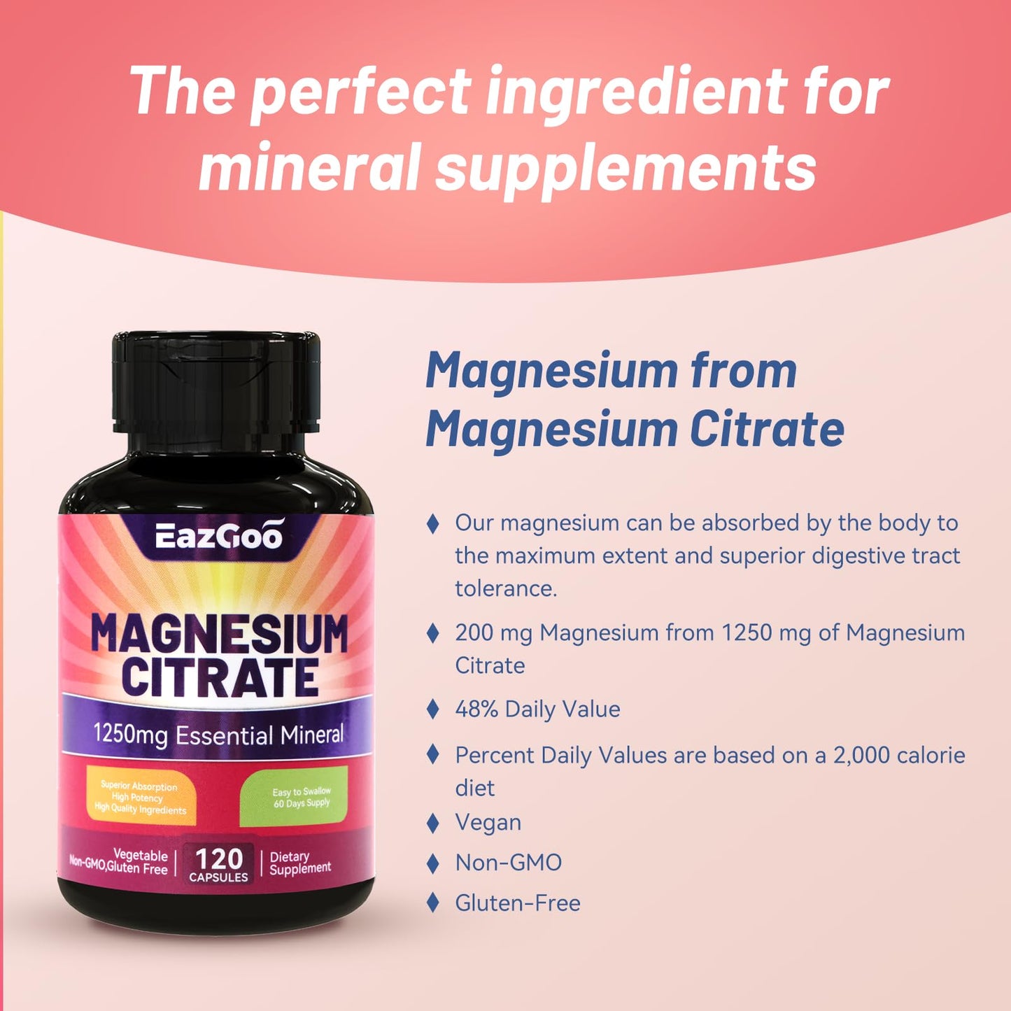 EAZGOO Magnesium Citrate 1250mg Capsules, 120 Capsules