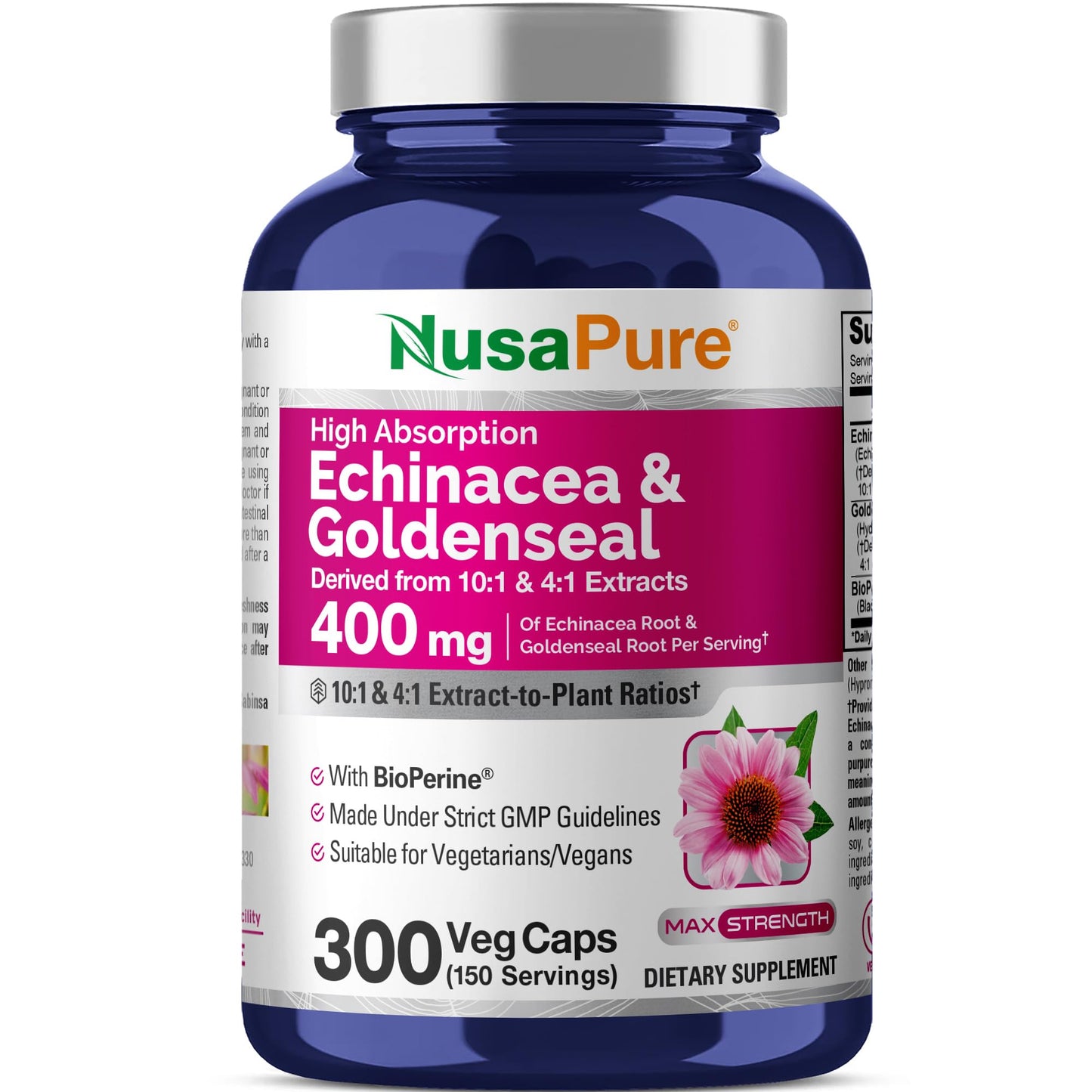NusaPure Echinacea Goldenseal 400mg Capsules, 300 Count