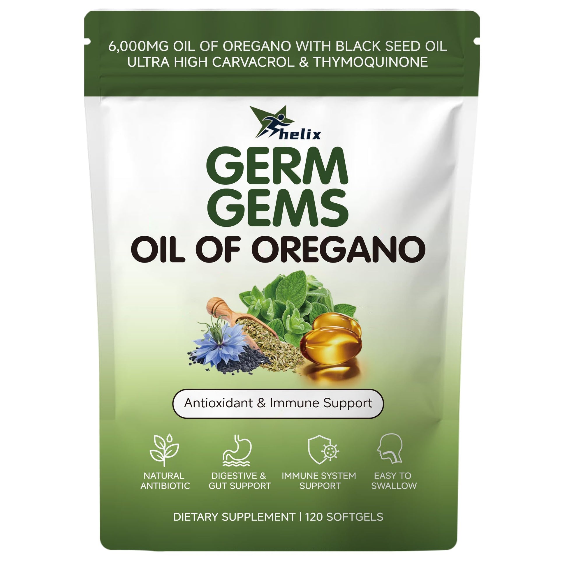 HerSpark Helix Germ Gems Oil of Oregano Softgels with Black Seed Oil, 120 Capsules