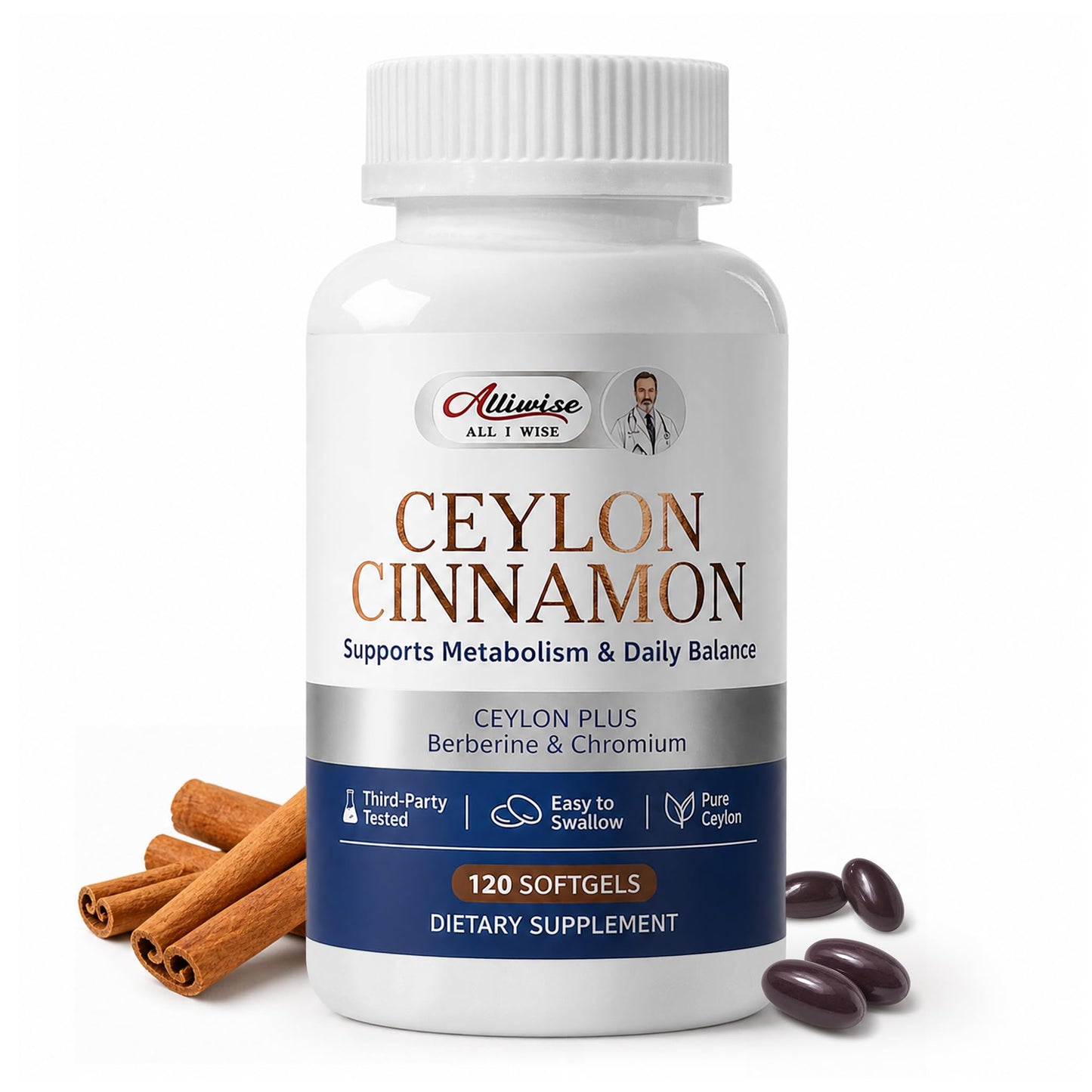Alliwise Ceylon Cinnamon Supplement with Berberine & Chromium Softgels, 120 Count