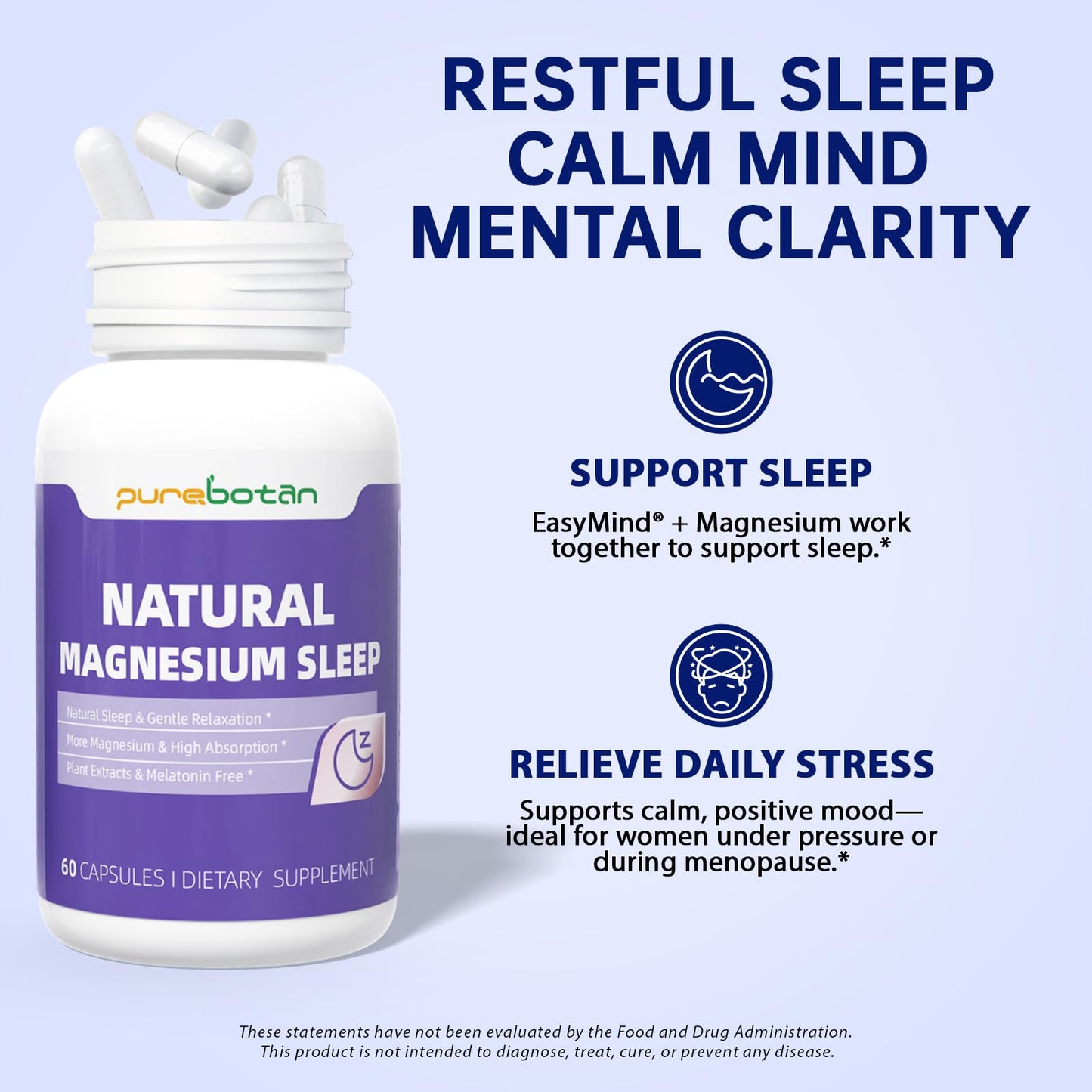 PureBotan EasyMind Magnesium Sleep Aid for Adults Capsule, 60 Count
