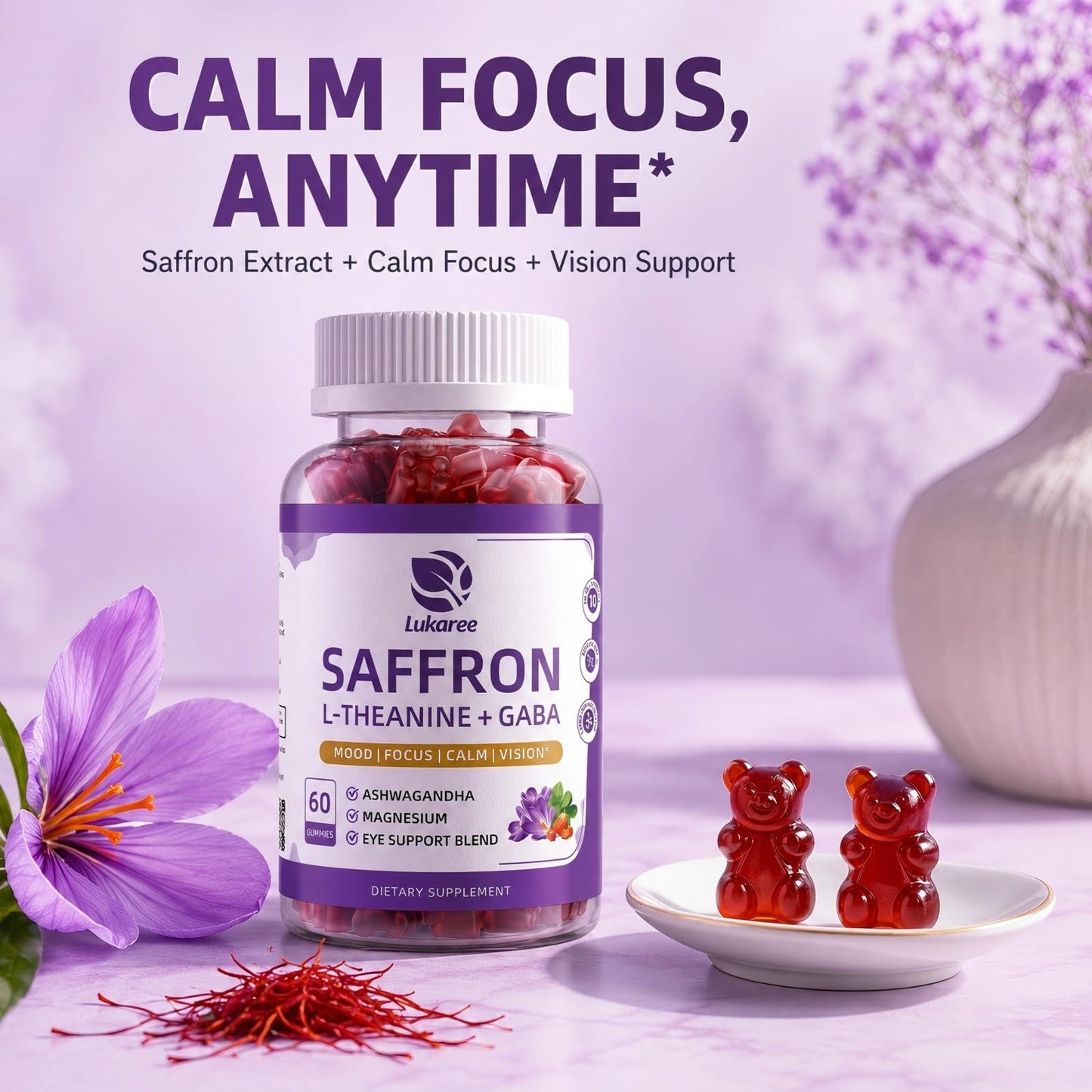 Lukaree Saffron Gummies 88.5mg with L-Theanine 200mg, GABA for Mood, Focus & Vision, 60 Count