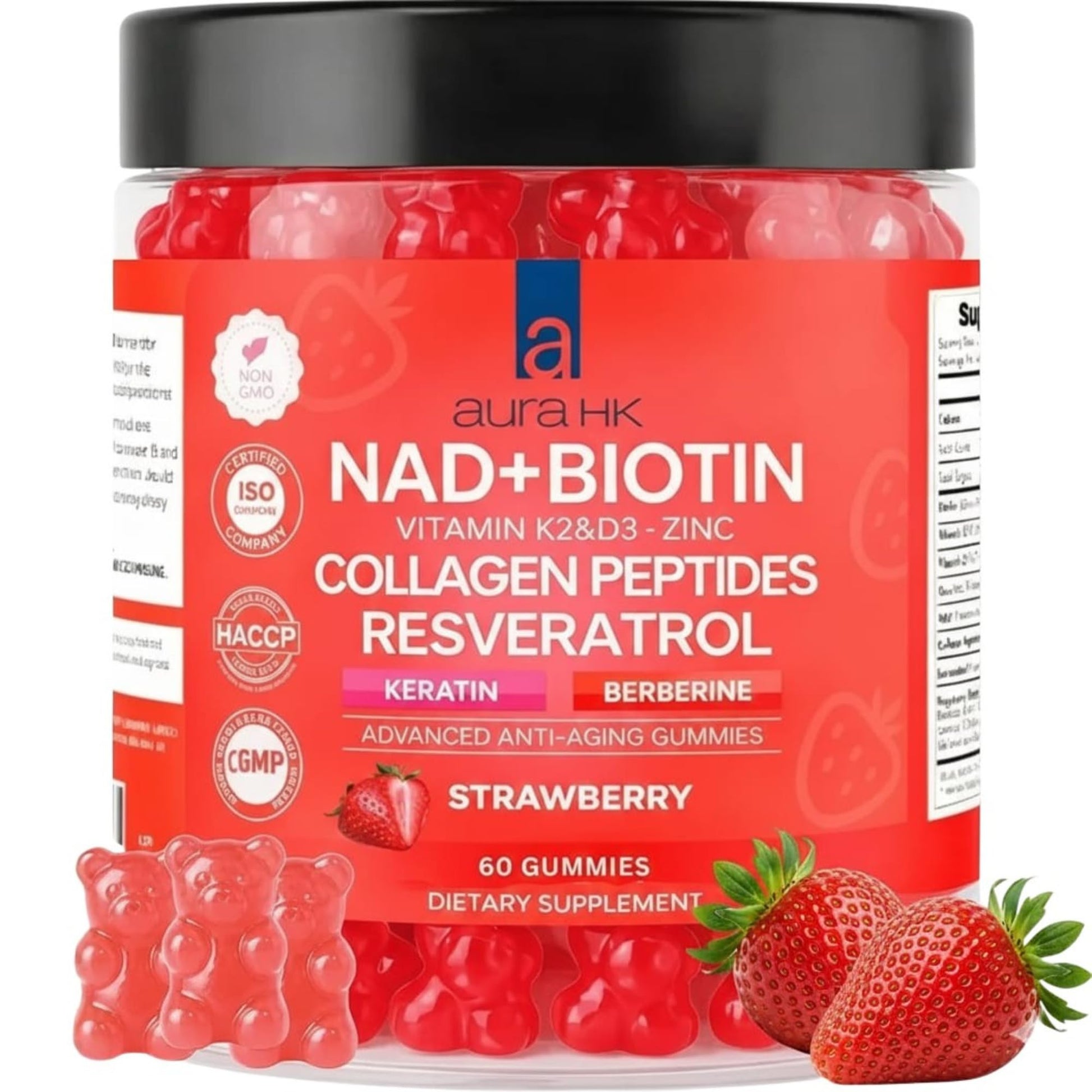 Aura HK NAD+Biotin, Resveratrol, Berberine & Anti-Aging Gummies, 120