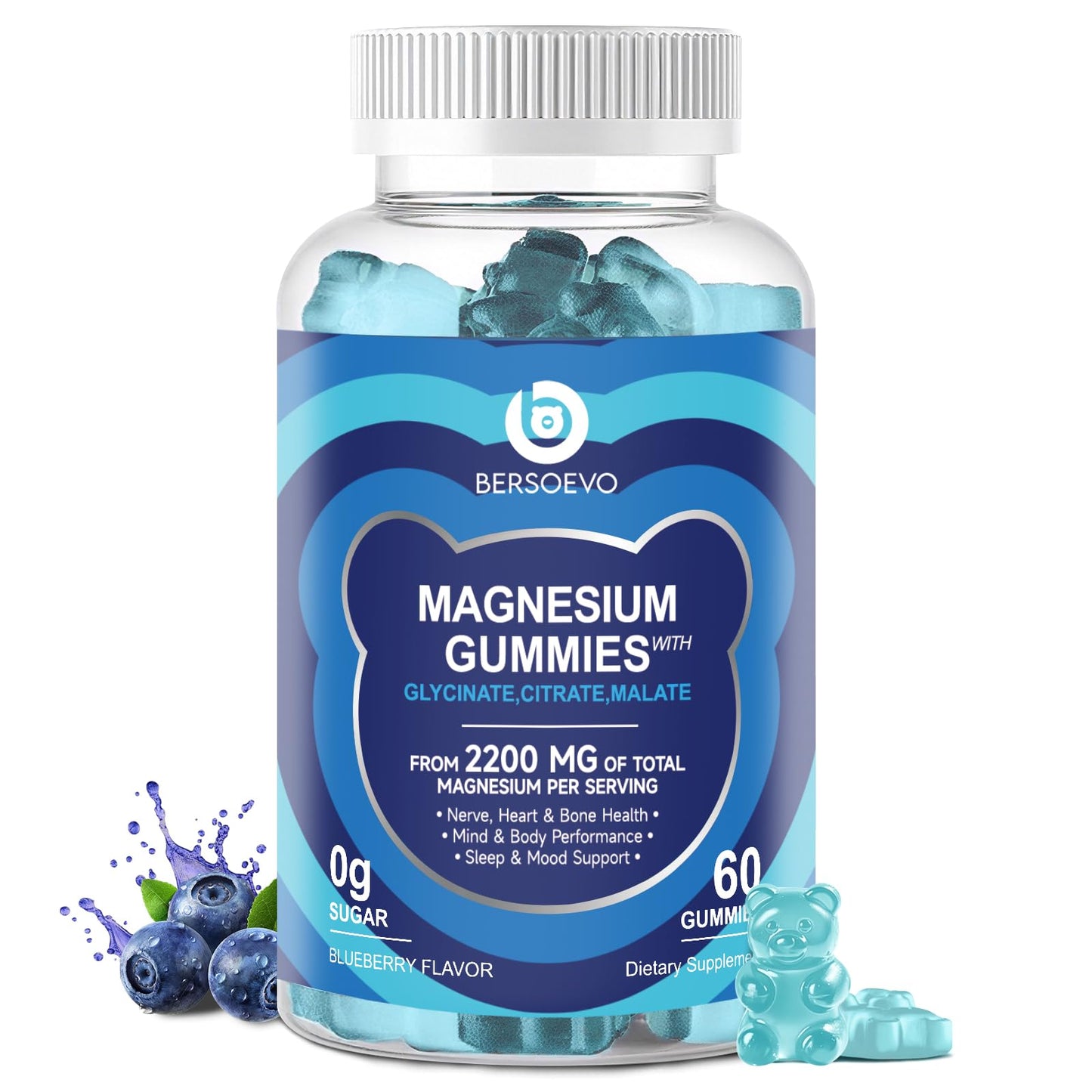 BERSOEVO Magnesium Glycinate Gummies 2200mg, High Absorption Magnesium Glycinate, Citrate, Malate, for Adults and Kids, Sugar Free, Vegan, Blueberry, 60 Count