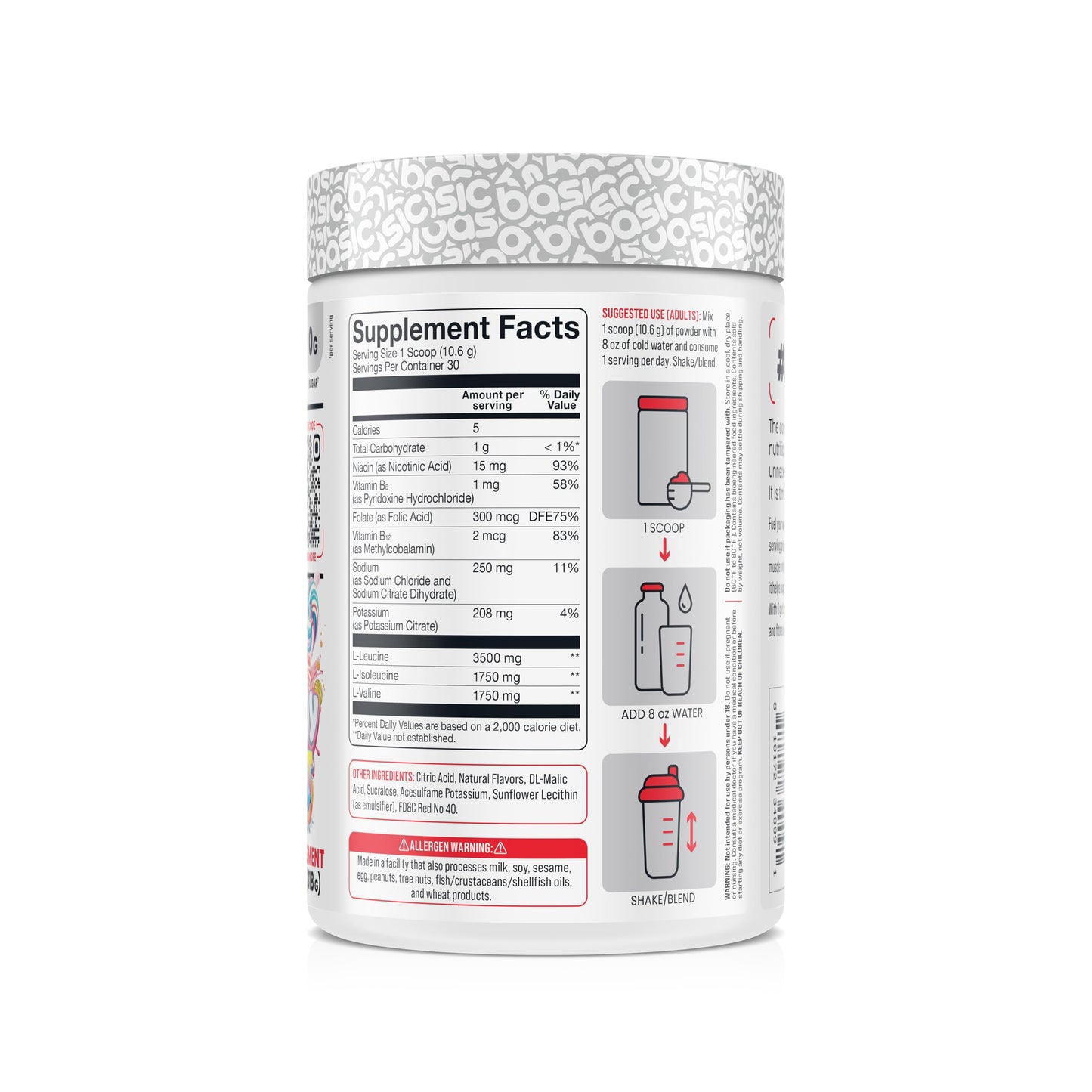 BASIC SUPPLEMENTS BCAA Powder, Instantized Formula, 7g BCAAs, 2:1:1 Ratio, 11.1 oz