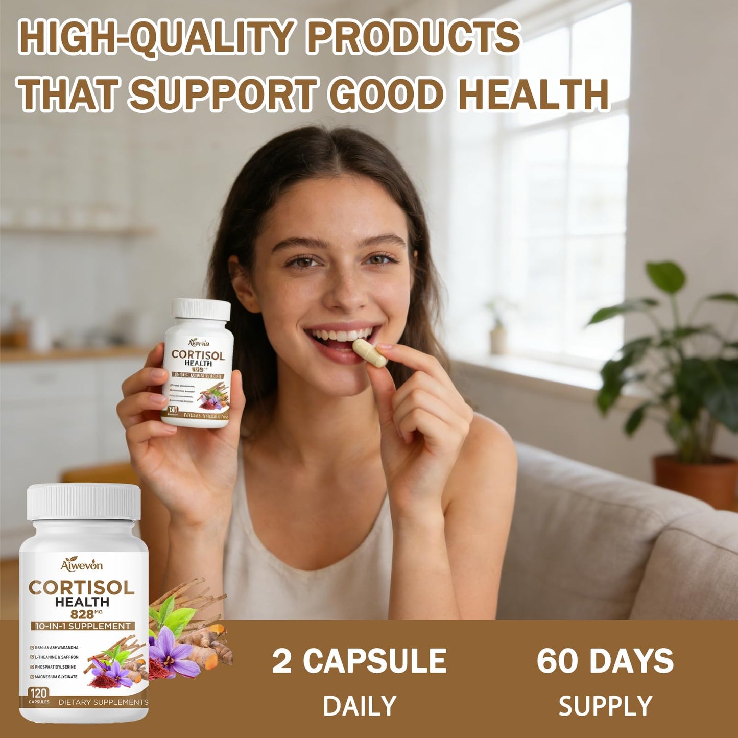 Aiwevon Cortisol Support Supplement for Women & Men, 10-in-1 Ashwagandha KSM-66, L-Theanine, Magnesium Glycinate Complex, Adrenal Support, Stress Relief, Calm Mood Balance, Daily Wellness Gummies, 60 Count