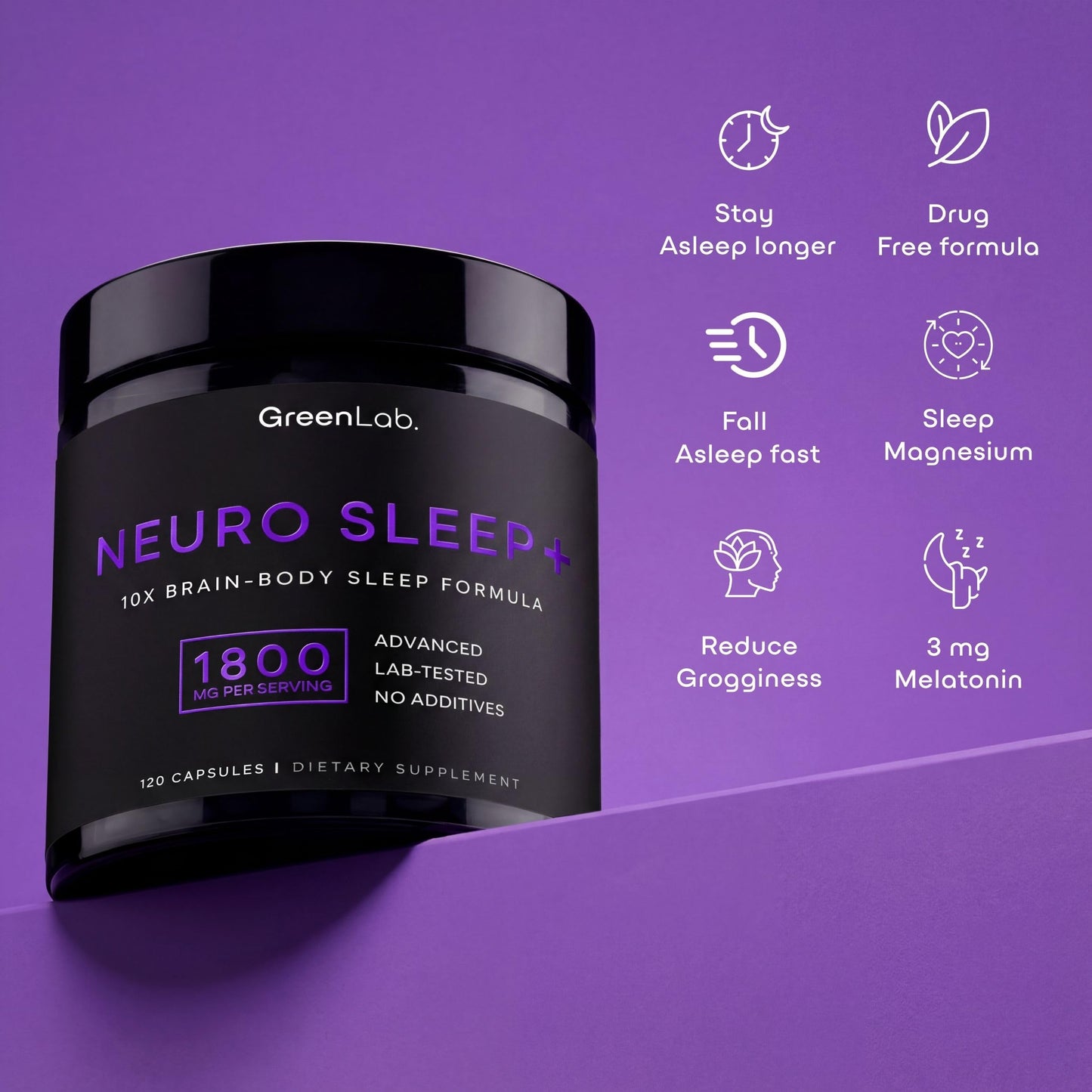 GreenLab Neuro Sleep+ 10x Neuro-Body Sleep Aid Formula with GABA, L-Theanine, Ashwagandha, Melatonin and Magnesium, 120 Capsules