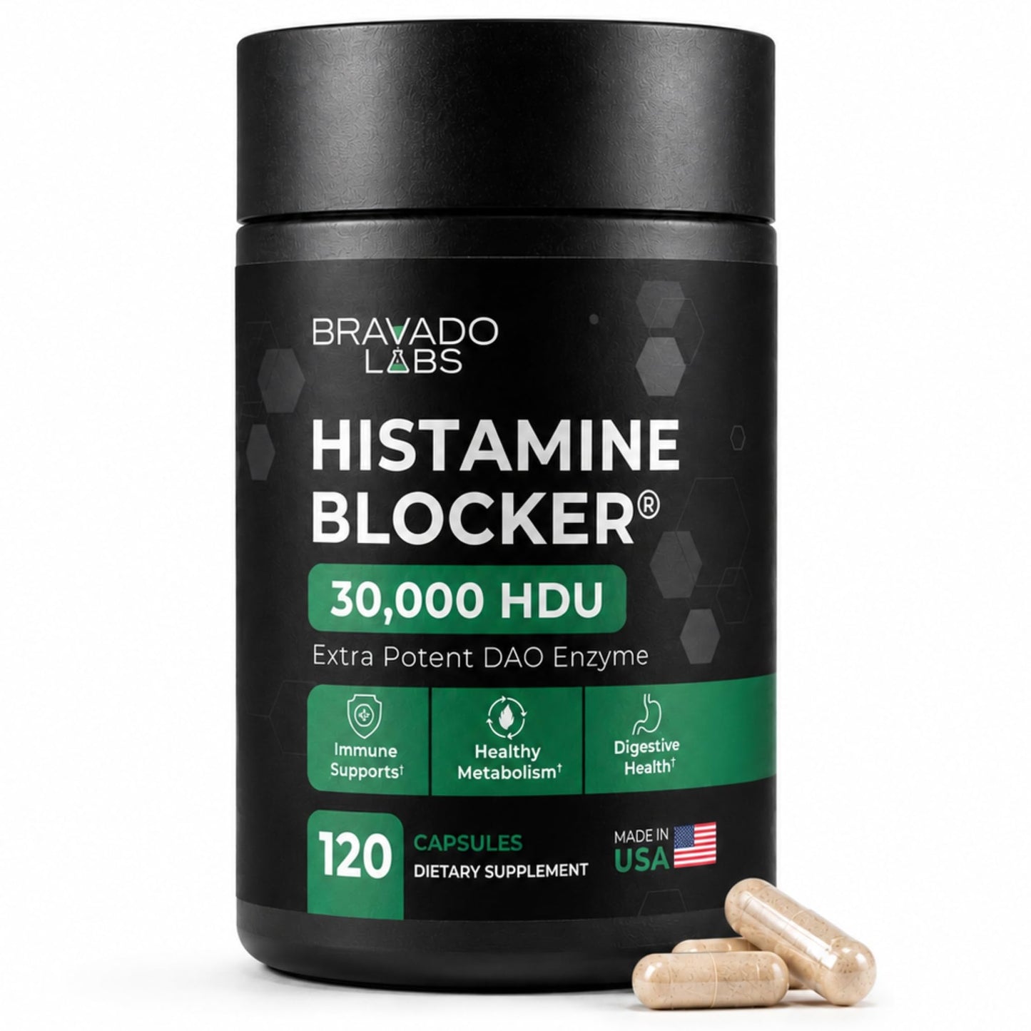 Bravado Labs DAO Supplements Histamine Blocker Extra Strength 30,000 HDU DAO Enzyme + Diamine Oxidase & Vitamin C for Daily Histamine Metabolism & Immune Support Capsules, 120 Count