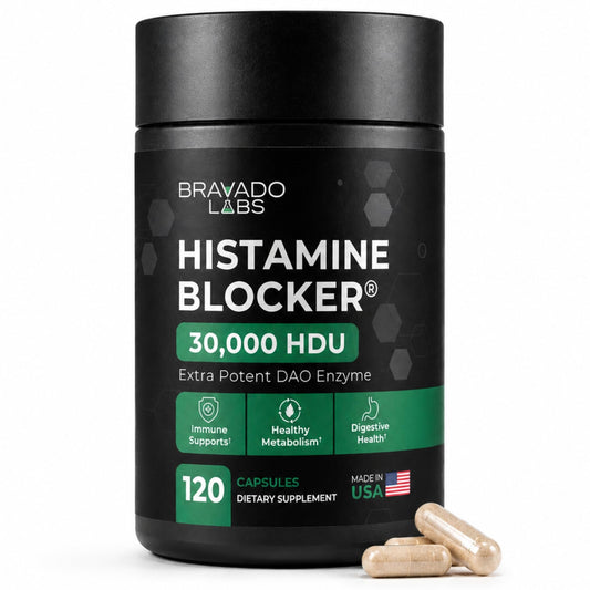 Bravado Labs DAO Supplements Histamine Blocker Extra Strength 30,000 HDU DAO Enzyme + Diamine Oxidase & Vitamin C for Daily Histamine Metabolism & Immune Support Capsules, 120 Count