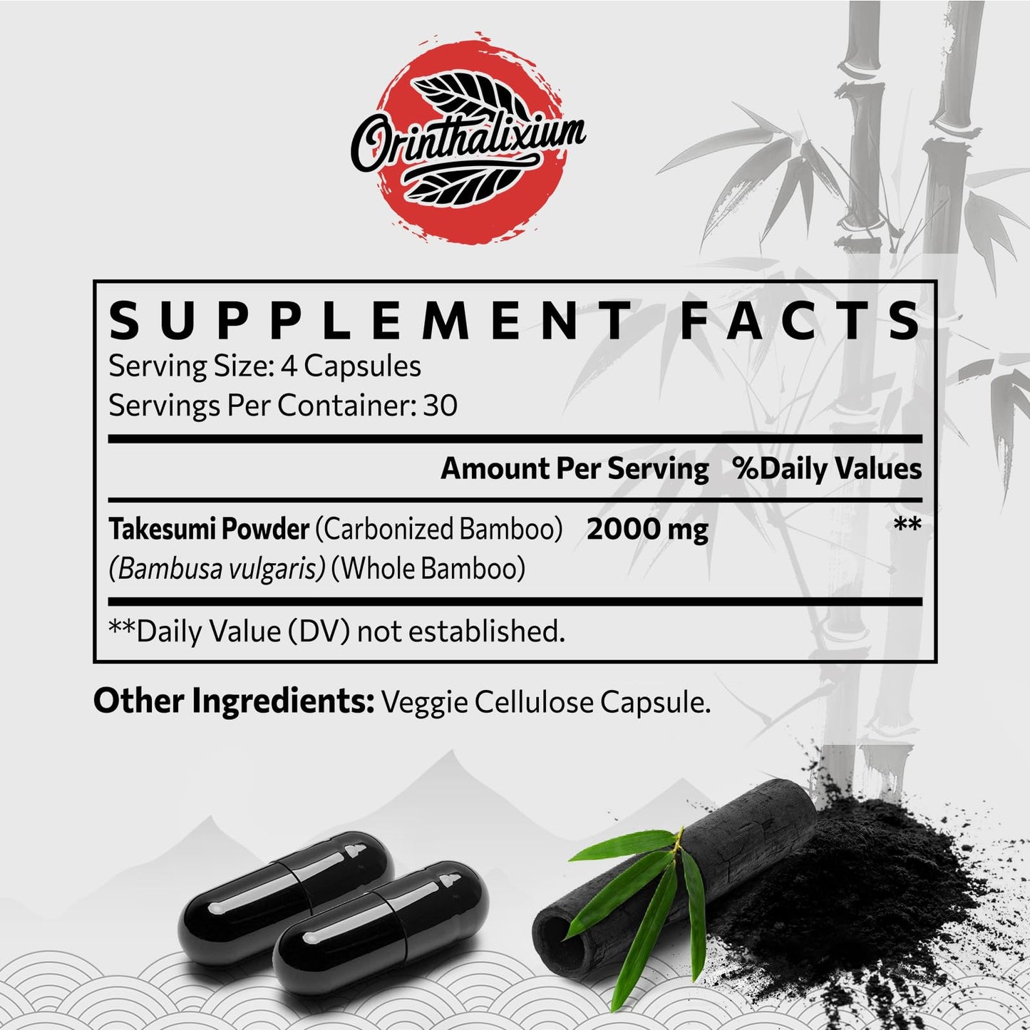Orinthalixium Takesumi Bamboo Charcoal 2000mg Activated Charcoal from Bamboo for Max Absorption, Detox & Gut, 240 Capsules