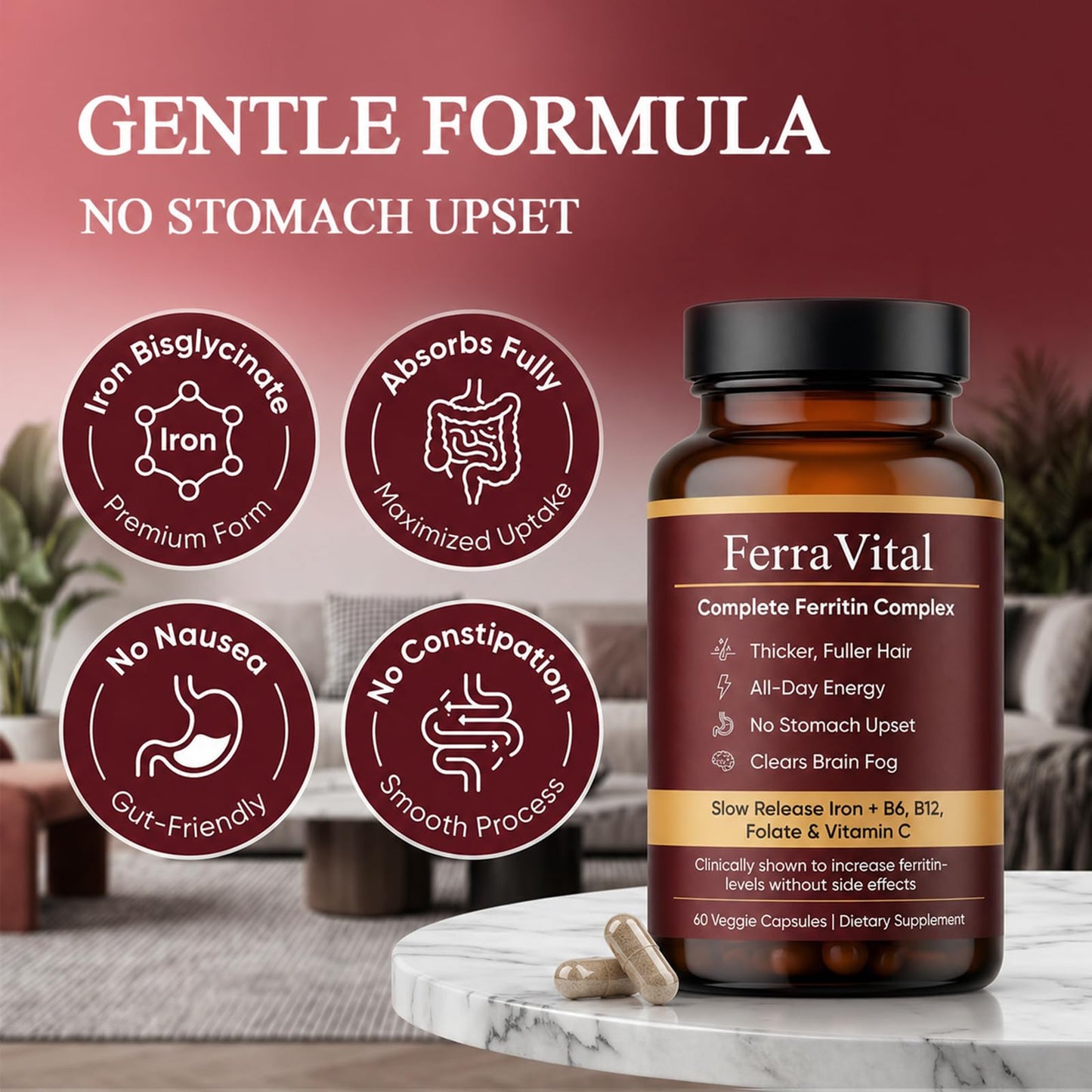 WOVOEO Ferravital Ferritin Support for Women with Ferrous Glycine, Vitamin C, B6, Zinc, B12 & Folate, Gluten Free & Non-GMO, Gentle Iron Support for Energy, 60 Capsules