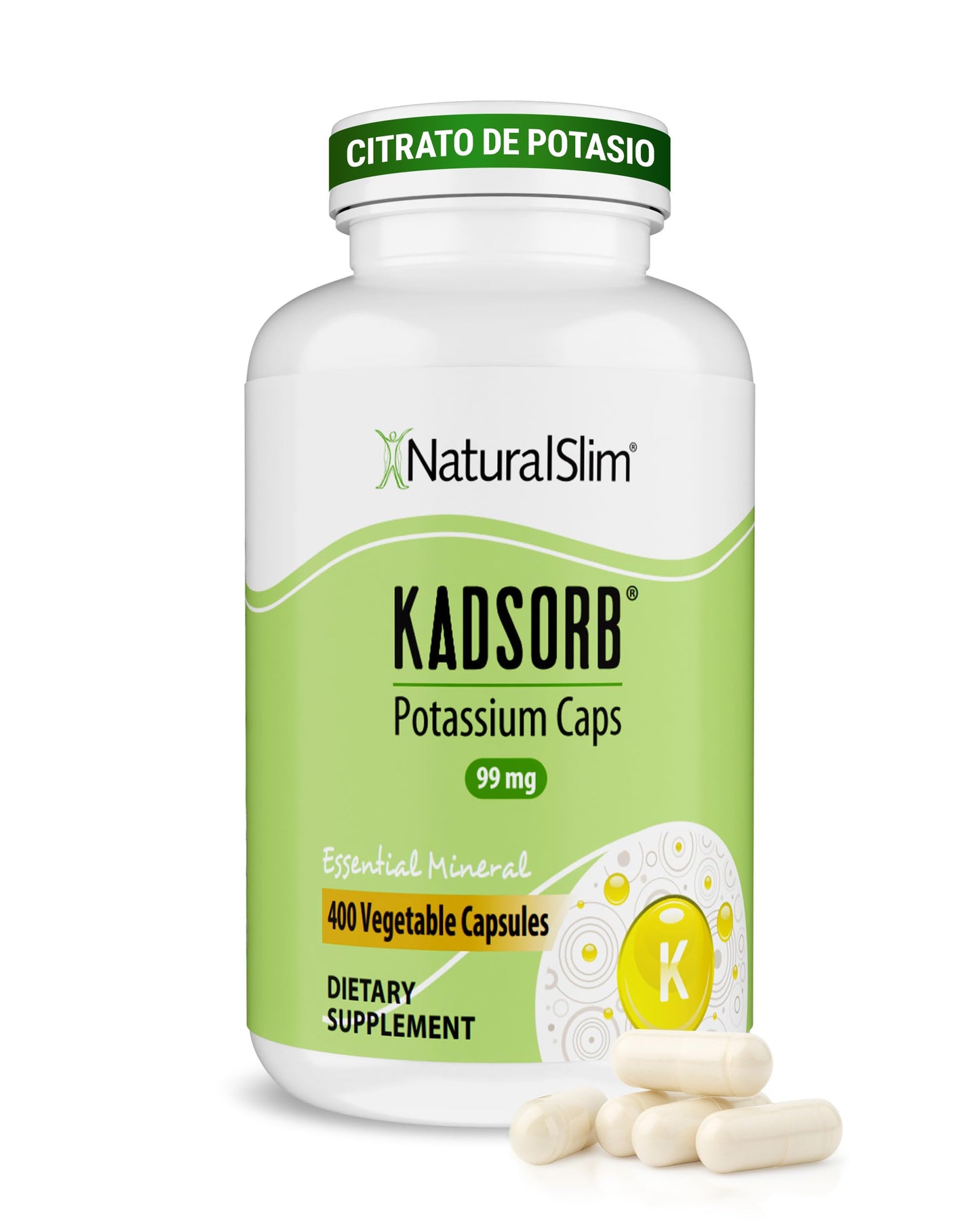 NaturalSlim Natural Potassium Citrate Gluconate 99 mg - Kadsorb Supports Electrolyte Balance & Normal pH - Absorbable Potassium Supplements with Essential Minerals - Non GMO 400 Capsules 1 Pack