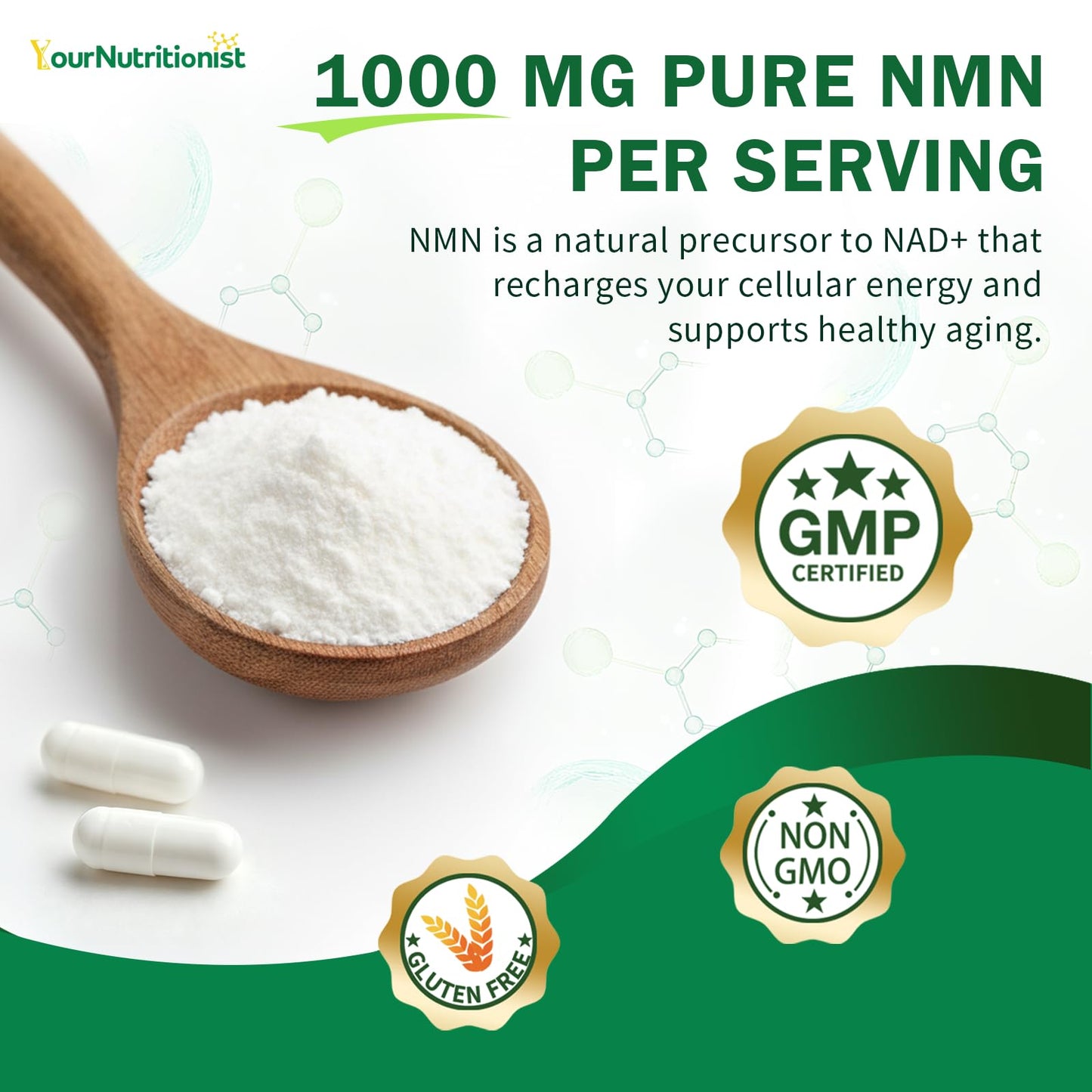 Your Nutritionist NMN Supplement 1000mg Per Serving, 99.9% Pure NAD+ Precursor Capsules, 60 Count