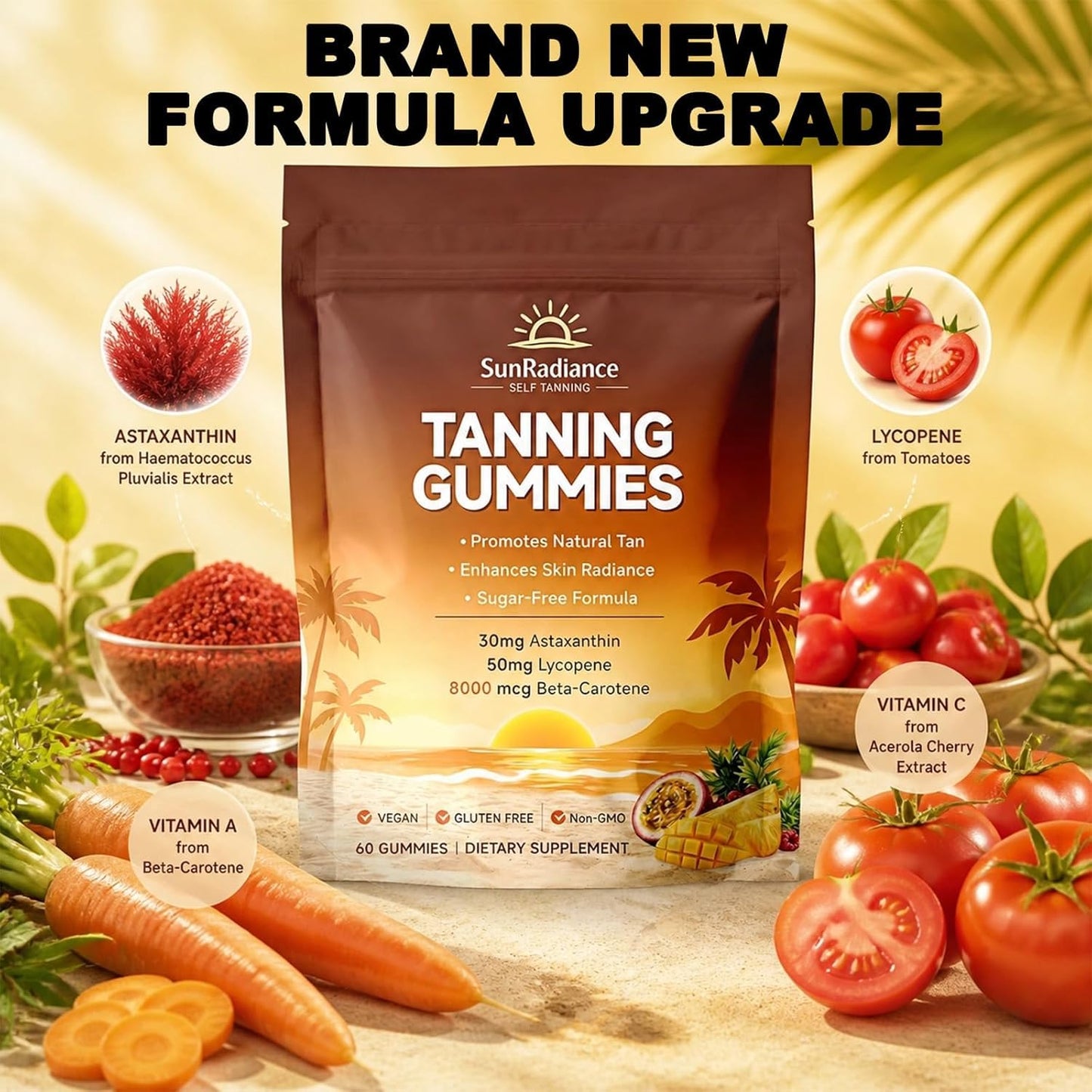 Sun Radiance Tanning Gummies with Astaxanthin & Beta Carotene, Vitamin C & A, Vegan & Sugar-Free, 60 Gummies