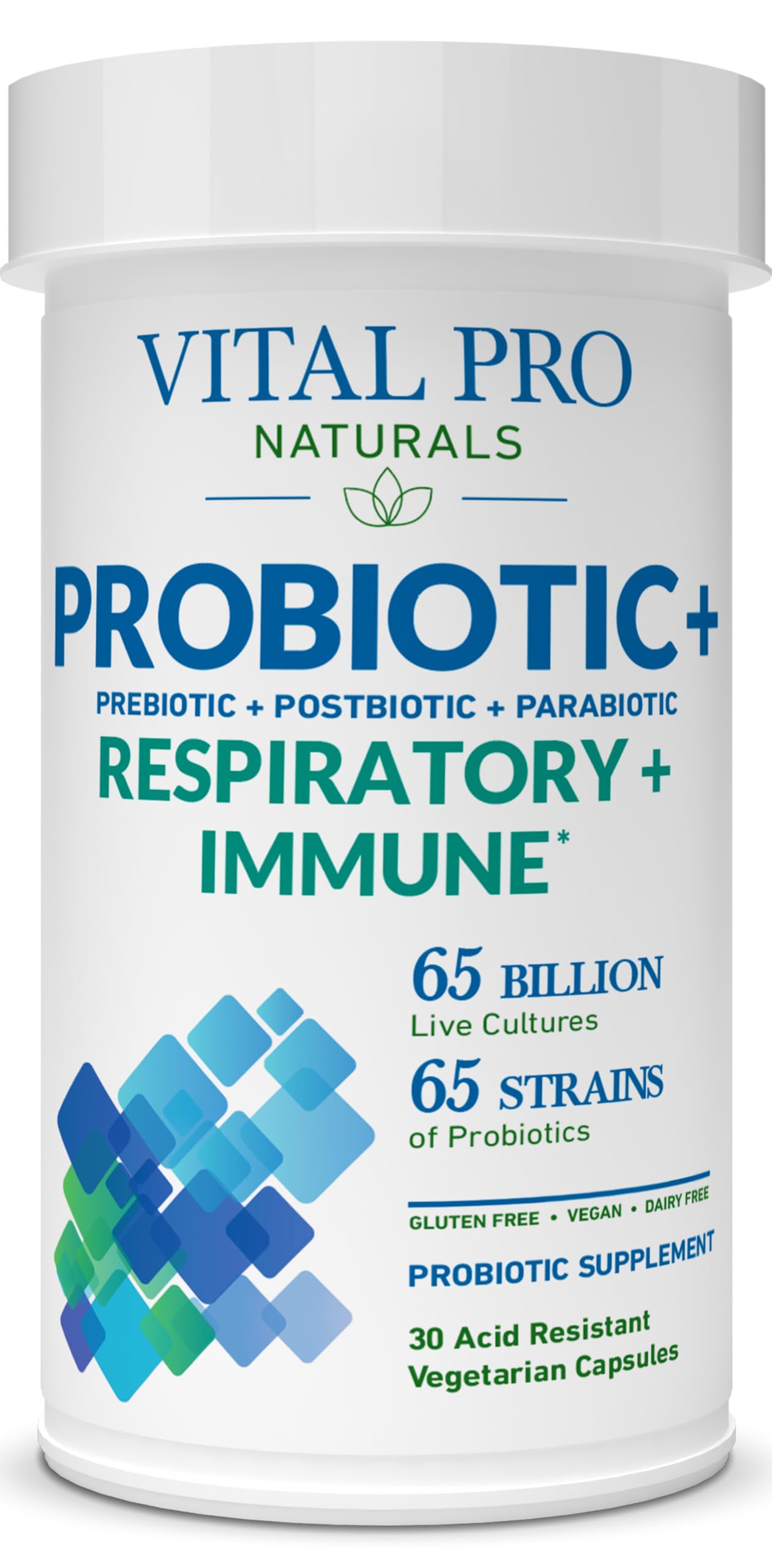 Vital Planet Vital Pro Naturals Respiratory and Immune Probiotics + Prebiotics, Postbiotics, Parabiotics, High Potency 65 Billion CFU, 65 Strains, 30 Capsules