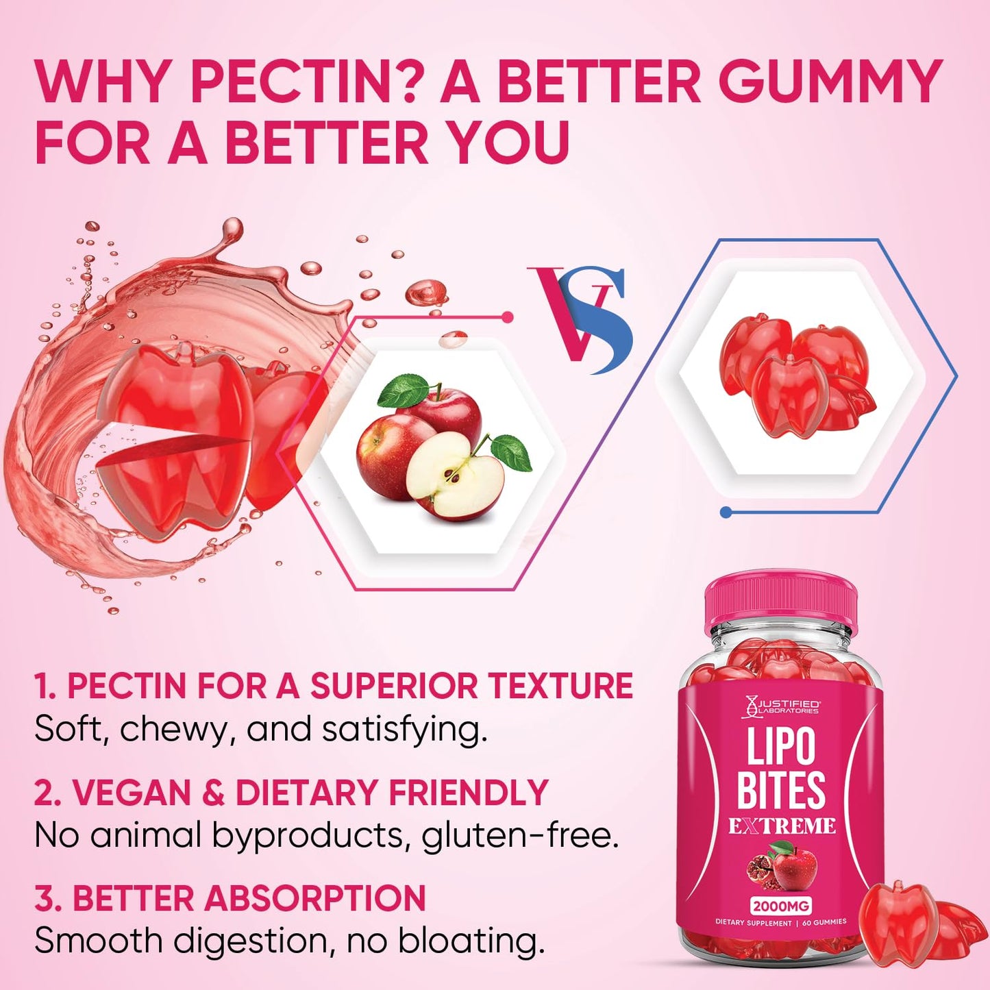 Justified Laboratories Lipo Bites ACV Gummies Extreme 2000MG Formula, Apple Cider Vinegar Chewies with Pomegranate Beet Juice Powder, B12, Vegan, Non-GMO, 60 Gummies