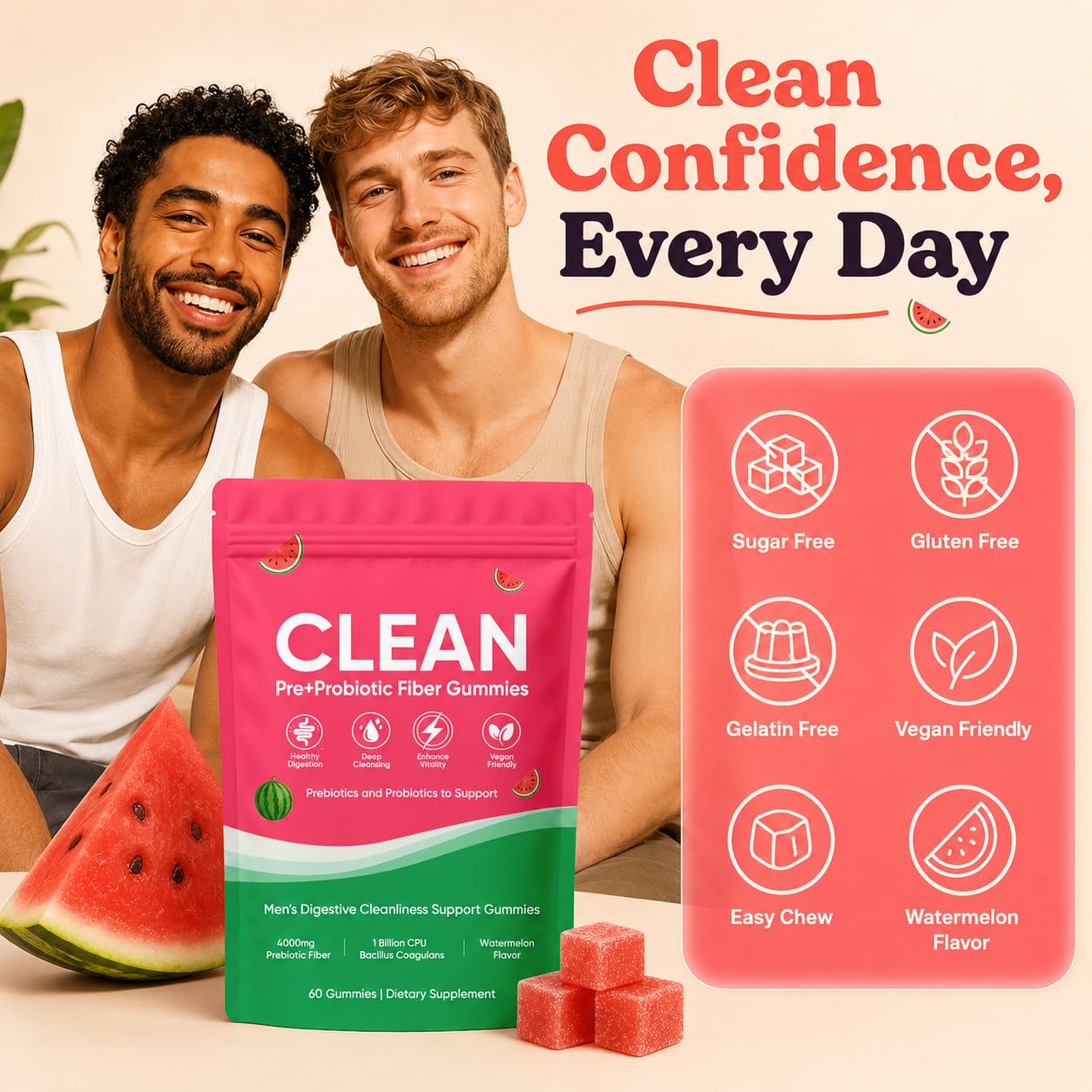 TADALAPRO Clean Prebiotic Fiber Gummies for Men, Watermelon Flavor, Sugar Free, 60 Count
