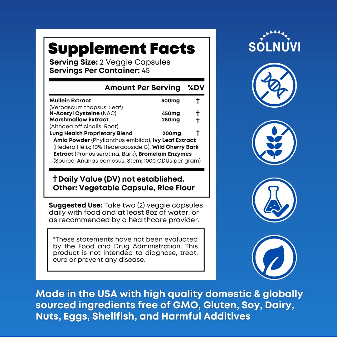 SOLNUVI Mullein Leaf Extract & NAC Lung Detox Cleanse - N-Acetyl Cysteine, Marshmallow Root, Bromelain - Lung Health, Sinus, Mucus Removal Support Supplement for Smokers, 90 Capsules