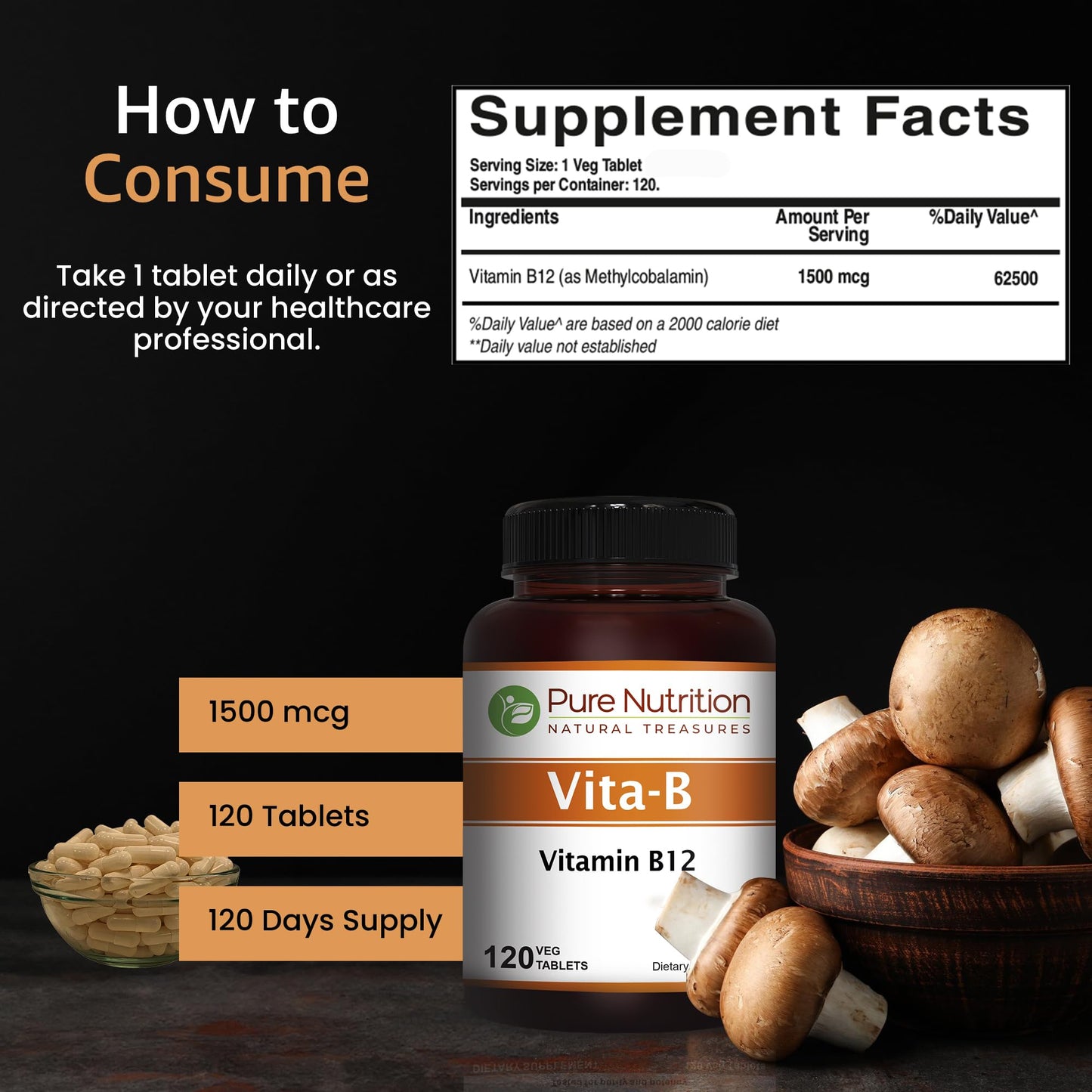 PURE NUTRITION NATURAL TREASURES Vitamin B12 1500mcg (Methylcobalamin) Tablets, 120 Veg Tabs