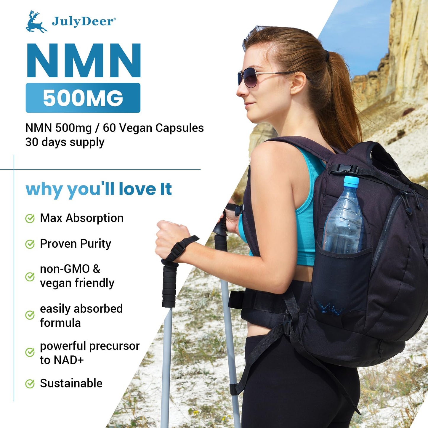 JulyDeer Pure NMN 500mg Nicotinamide Mononucleotide Capsule, 60 Count