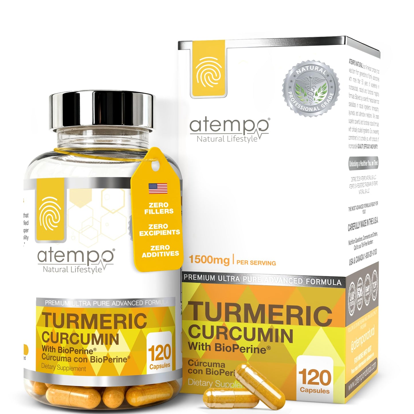 ATEMPO NATURAL LIFESTYLE Turmeric Curcumin Supplement with Black Pepper Extract 1500mg – Absorption, Supports Joint Health – Non-GMO, 120 Capsules