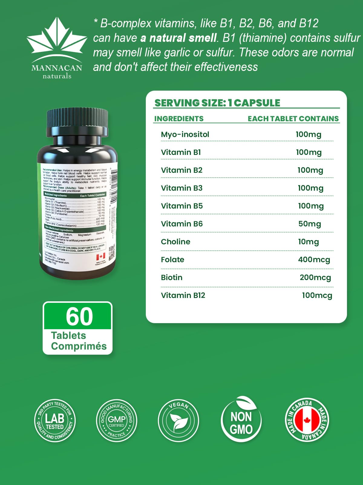 Mannacan Naturals Vegan B Vitamins B-Complex, 60 Tablets