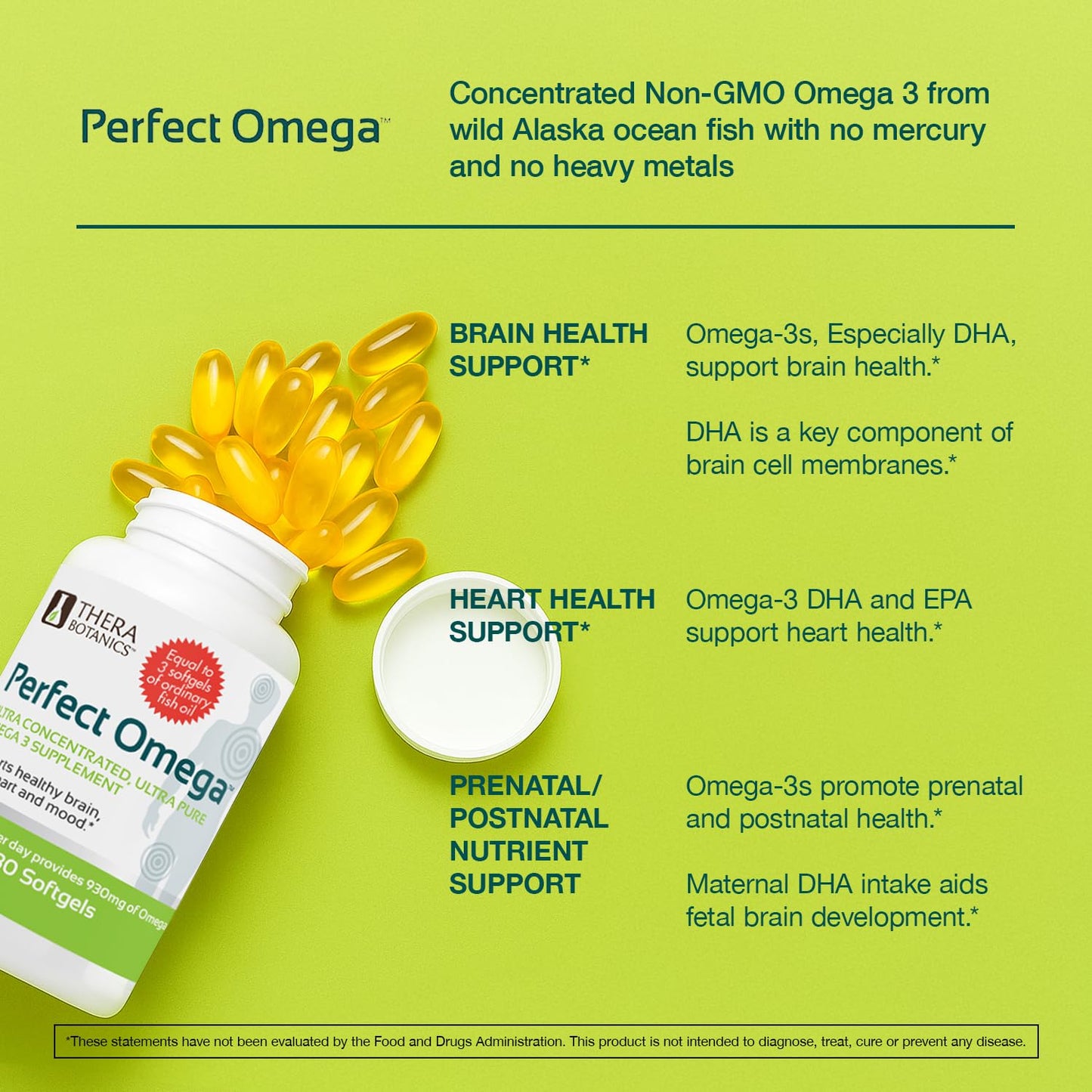 Therabotanics Perfect Omega 3 Wild Alaskan Fish Oil, EPA DHA, Heart & Brain Health Softgels 30 Count