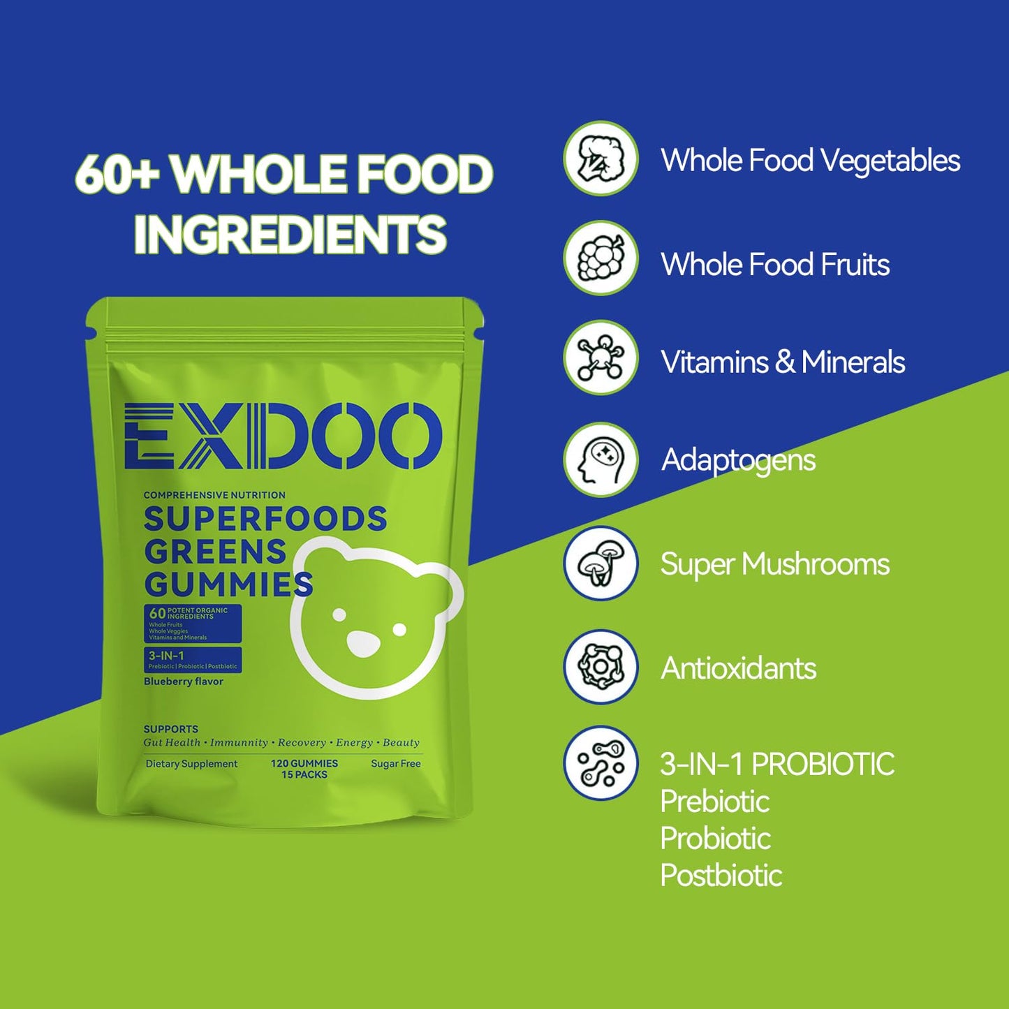 exdoo Super Greens Daliy Gummies Superfood Gummy, 120 Gummies